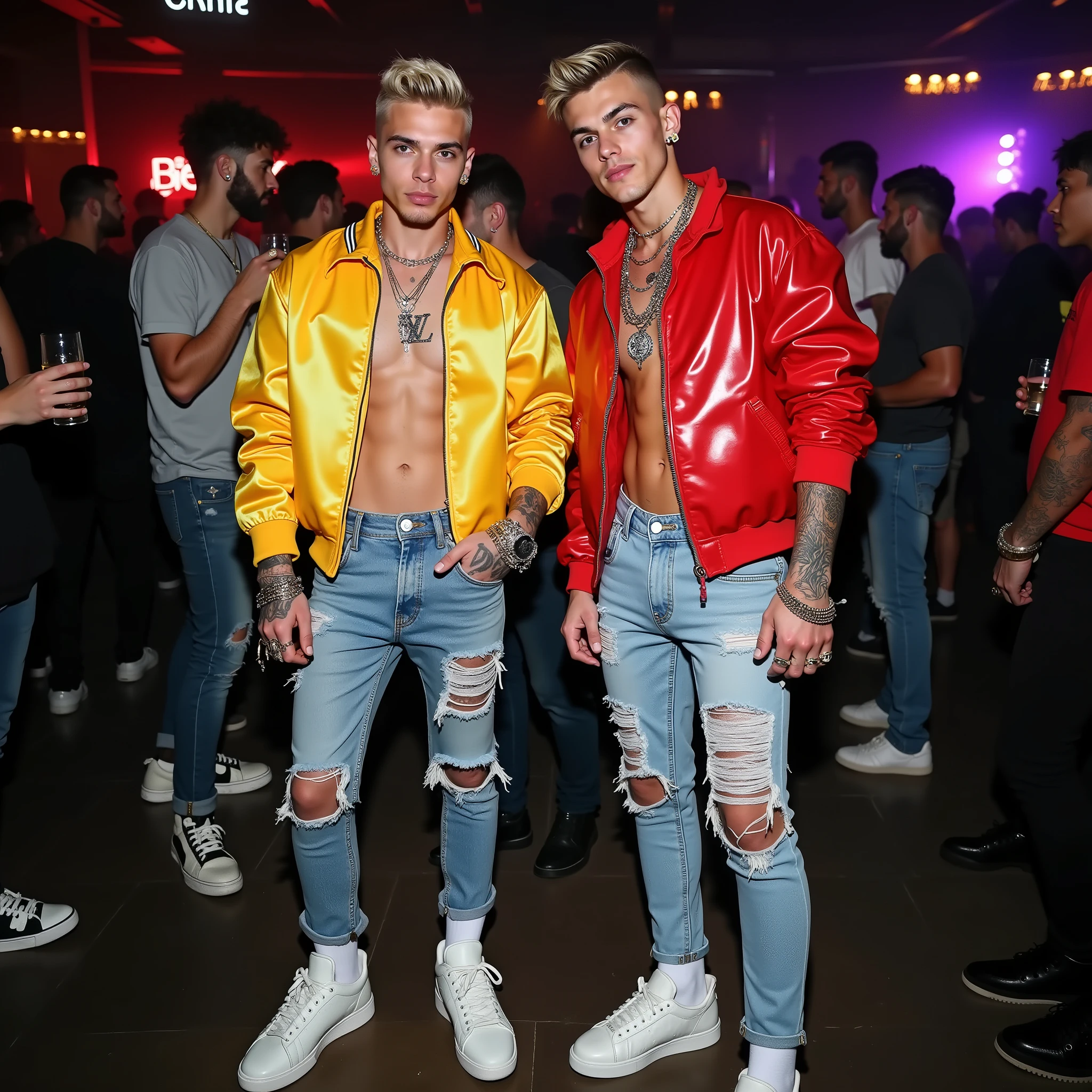 Full length view of two different stunningly cute athletic 22 years old smiling Caucasian gay men with short blonde undercut hair wearing very skimpy cuffed denim shorts, Balenciaga Tracks chunky sneakers, long white socks, choker collars, silver rings and shiny latex bolero jackets with no shirts. They are standing at the bar in a cocktail lounge holding drinks, embracing. realistic photo, , sexy eyes