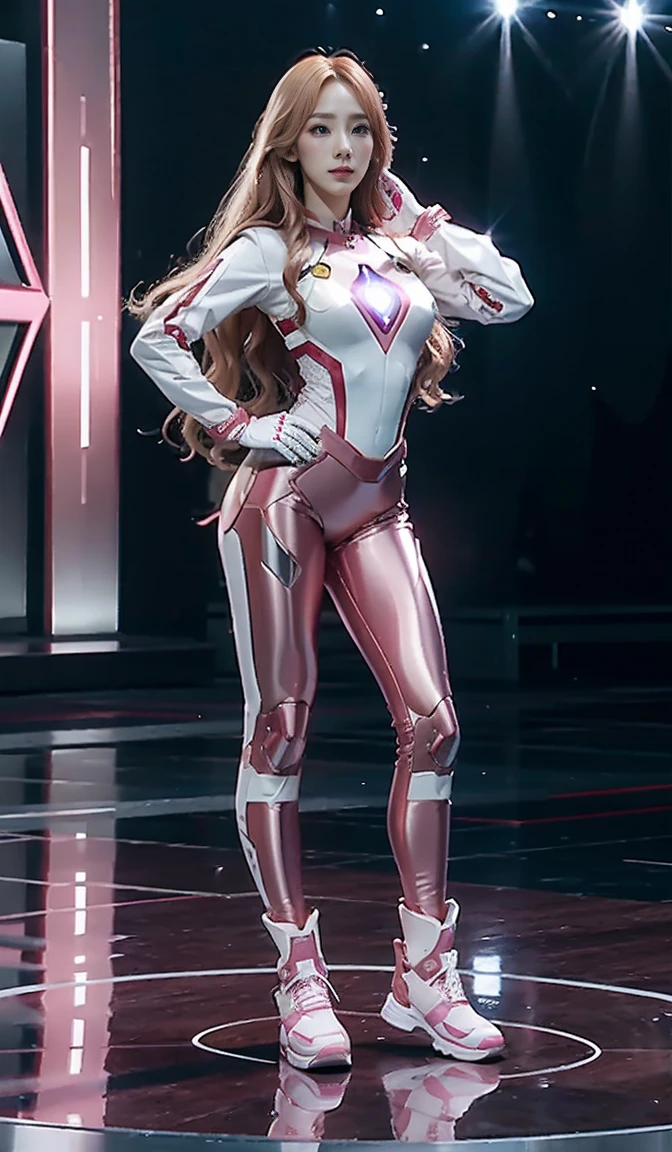 Accurate. 8K High Quality HD. Full Body Photo. Standing in a full height. Studio Background. 8k HD good quality image. Taeyeon from SNSD has an ideal body, big breast, big butt, sexy wavy body, straight long hair, wearing a COLOURED PINK and WHITE Iron Man suit without the helmet. PINK Iron pants. PINK Iron Boots. Mechanical big Purple hands. FULL BODY FROM HEAD TO TOE. Standing in a FULL HEIGHT FROM HEAD TO TOE. 

The picture must show a complete head to toe picture of TAEYEON