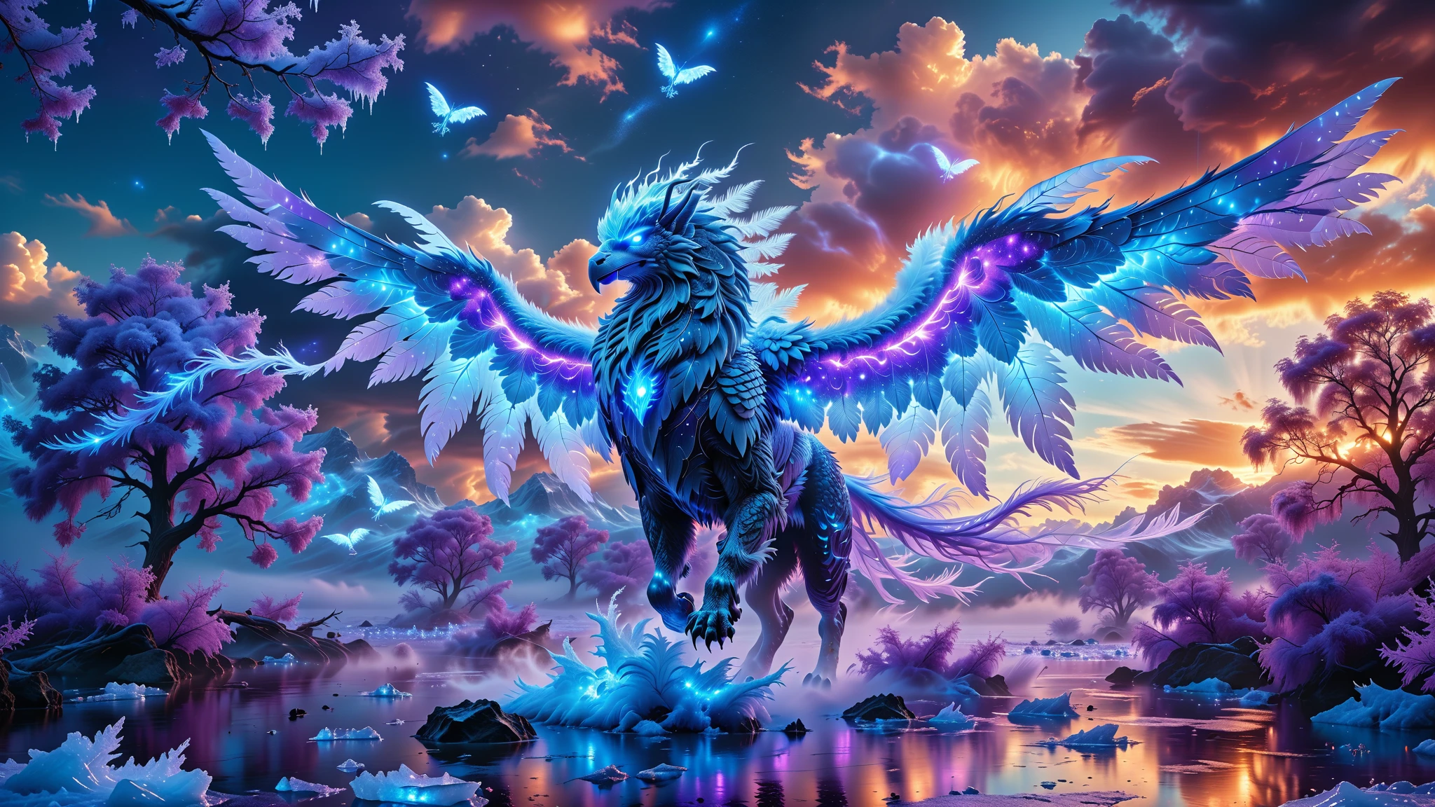 A Masterpiece In 32K Resolution, Supreme Quality, Super Detail, Official Art, Very High-Resolution 32K Wallpaper, Beautiful And Aesthetic, Ultra-Detailed Features, Awe-Inspiring Detail. Towering Bioluminescent Trees Stretch Into A Purple Sky, Their Branches Pulsing With Electric Blue Light. Rising From The Depths Is A Colossal Ice Griffin, Its Body Covered In Frosted Fur And Feathers. Massive Wings Unfold From Its Sides, Glinting In The Light, Its Frosty Breath Leaving Trails Of Crystalized Air In The Atmosphere. Giant Floating Beasts Drift Through The Air, Their Silhouettes Blending With The Exotic Landscape.