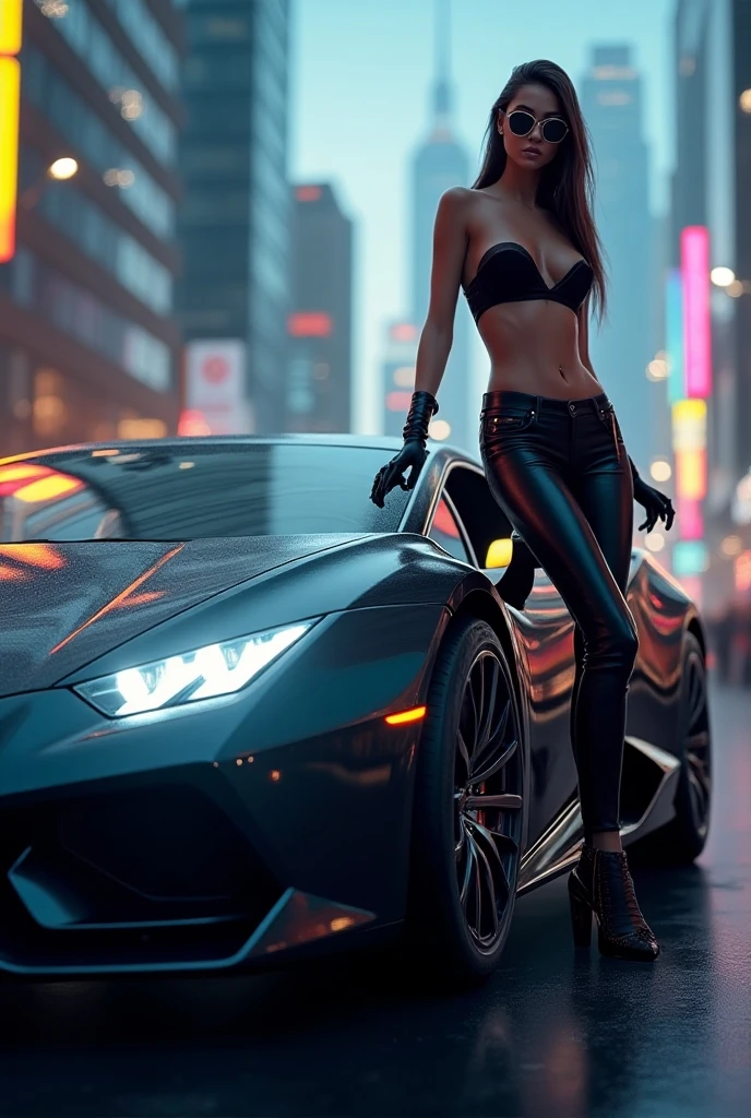 Grid-Girl, racing hypercar, Street , golden hours, photo finish, best quality, (masterpiece:1.2), high quality, RAW, detailed background,