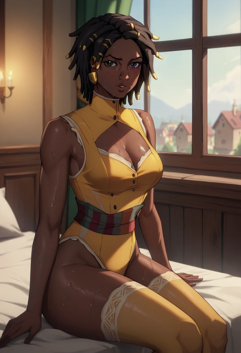 castlevaniaannette, short hair, black hair, dark skin, black eyes, dark-skinned female, very dark skin, dreadlocks, brown eyes, big breasts, big butt, big ass, sweating, wet body, sexy pose, seductive, flirting, looking at viewer, sexy yellow lingerie, sexy lingerie suspenders, sexy yellow stockings, sitting on bed, medieval house, medieval city, window