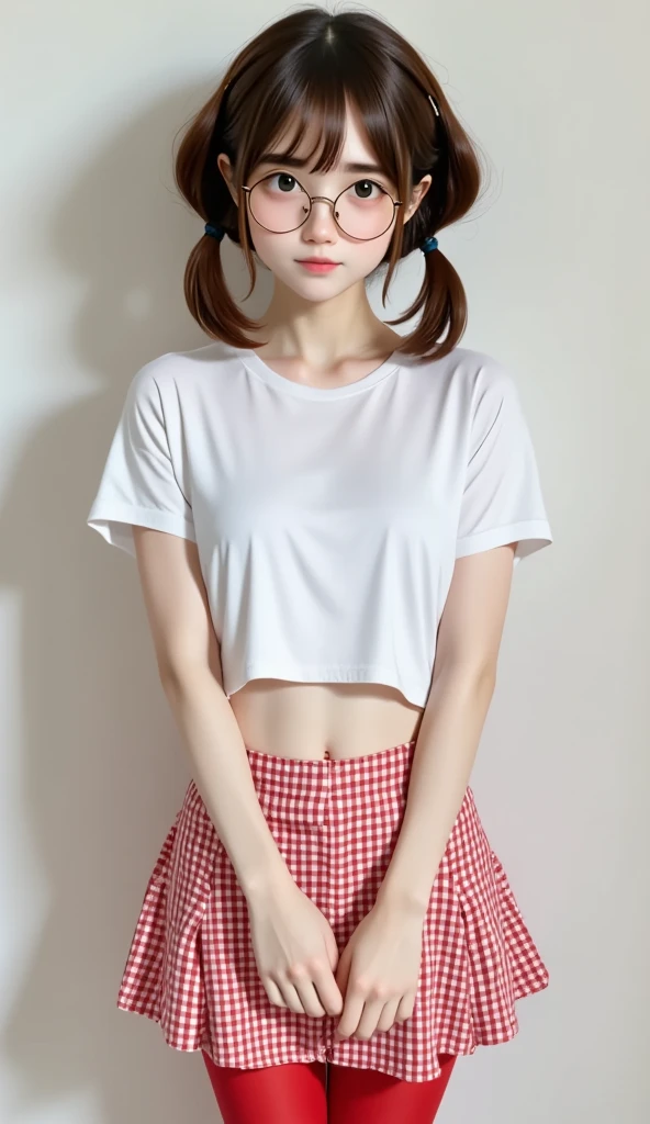  High image quality 、masterpiece、Realistic、 Perfect Anatomy,Teenage Girl，cute***、超cute、Where's the hair 、Very short，、zoom、cute、Grey Eyes、、 twin tails、Glasses、 white t-shirt、( gingham check culotte skirt:1.37)，Red Stockings、Red Garter Belt、belly button，blank，Black Light