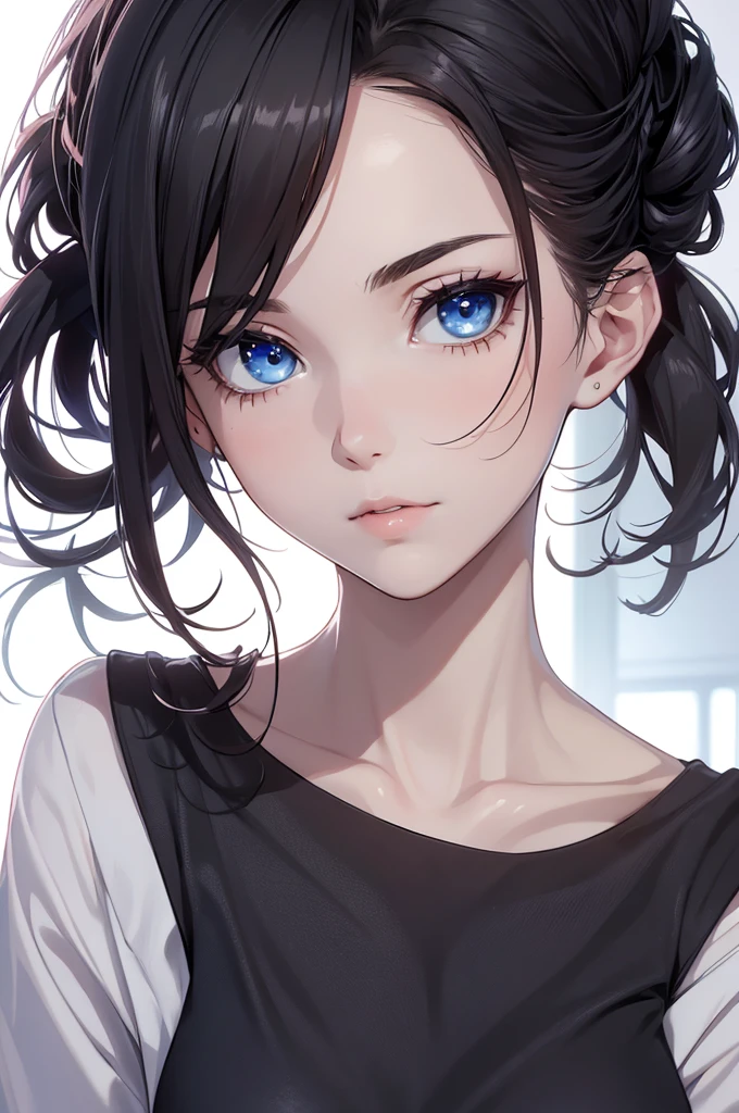 sexy woman, black braided hair, black t-shirt, close-up on face, eyes closed, glossy wet pink lips parted in a kiss, flawless glowing skin, long beautiful neck