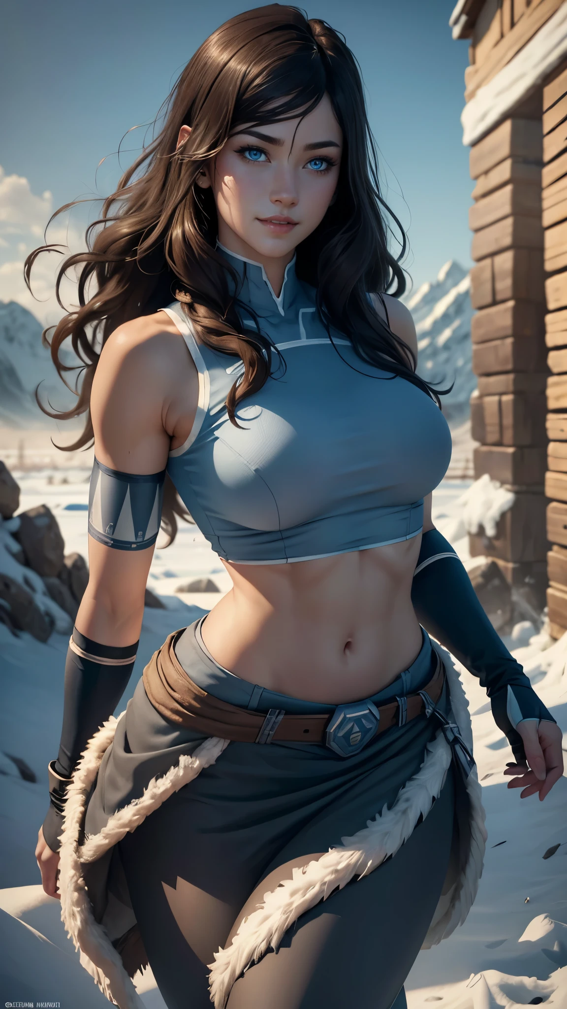 Korra da avatar,(best quality, 4K,8k,high resolution,work of art:1.2)(weather: showing), tundra background, artic village, wide hips, long curly hair, brown hair, freckles, sleeveless top, fur belt, long winter skirt, leggings, winter boots, elbow long gloves, light makeup, dark eyeliner, blush, flirting pose, glowing eyes, ultra detailed, portrait, realistic, beautiful detailed blue eyes, beautiful detailed lips, extremely detailed eye and face, long eyelashes,average, large breasts, flying hair, beaming smile, sexy smile, powerful girl, bright coloured, dramatic lighting,