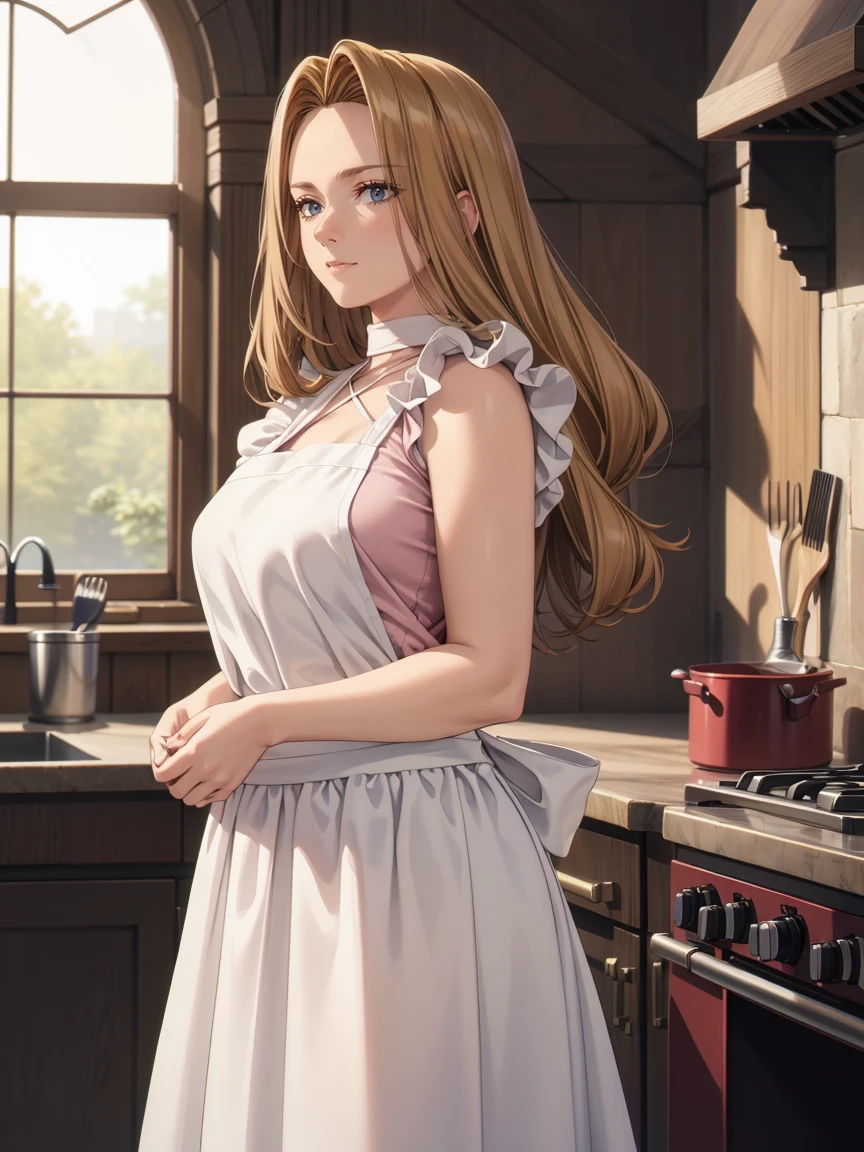 photo realistic,8k,finely detailed skin,detailed skin texture,high quality skin,realistic skin,from 1girl,pov,looking at viewer,(light pink blouse),(pink long skirt),((light yellow Apron)),cowboy shot, from side, solo,noon time, kitchen,masterpiece, best quality, high resolution, 4k, ultra high resolution, highly detailed, highly detailed, beautiful eyes, beautiful hair, beautiful side, beautiful skin,detailed shiny skin,good hands, best hands,curvy,Cosmic eyes,Methode