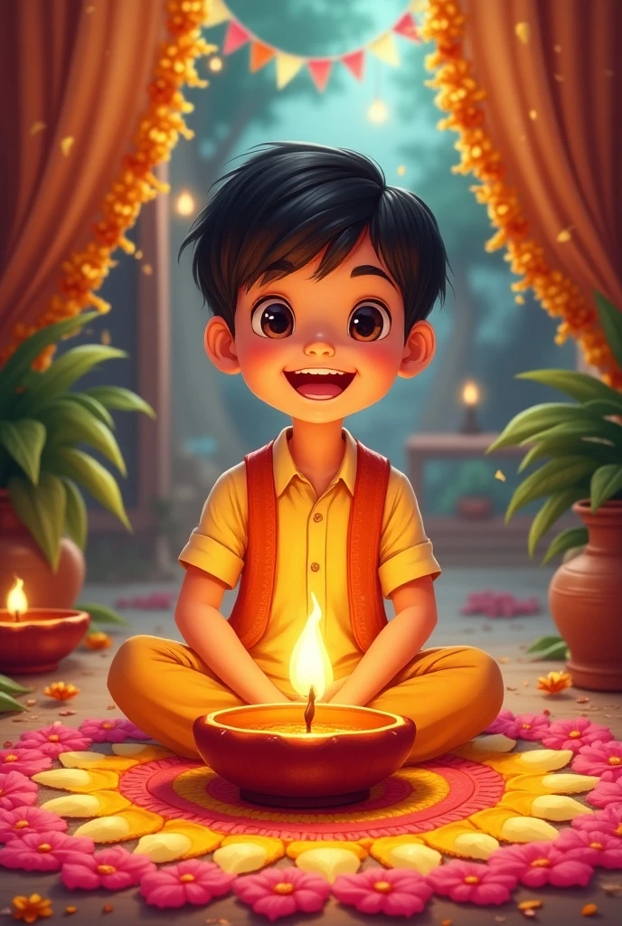 a indian lord krishna sitting on the ground with a lit candle, adorable digital painting, cute detailed digital art, a beautiful artwork illustration, beautiful digital artwork, beautiful digital illustration, cute digital art, stunning digital illustration, hindu aesthetic, fanart, background artwork, cute detailed artwork, glowing lights! digital painting, by Max Dauthendey, traditional art, jen bartel