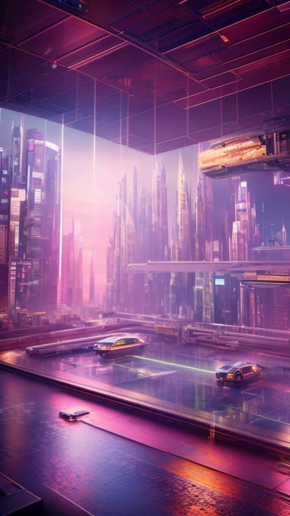 best quality,masterpiece,highly detailed,ultra-detailed,game cg,futuristic,hard surface modeling,Stunning gray interior with wide open windows showing a cyberpunk city,