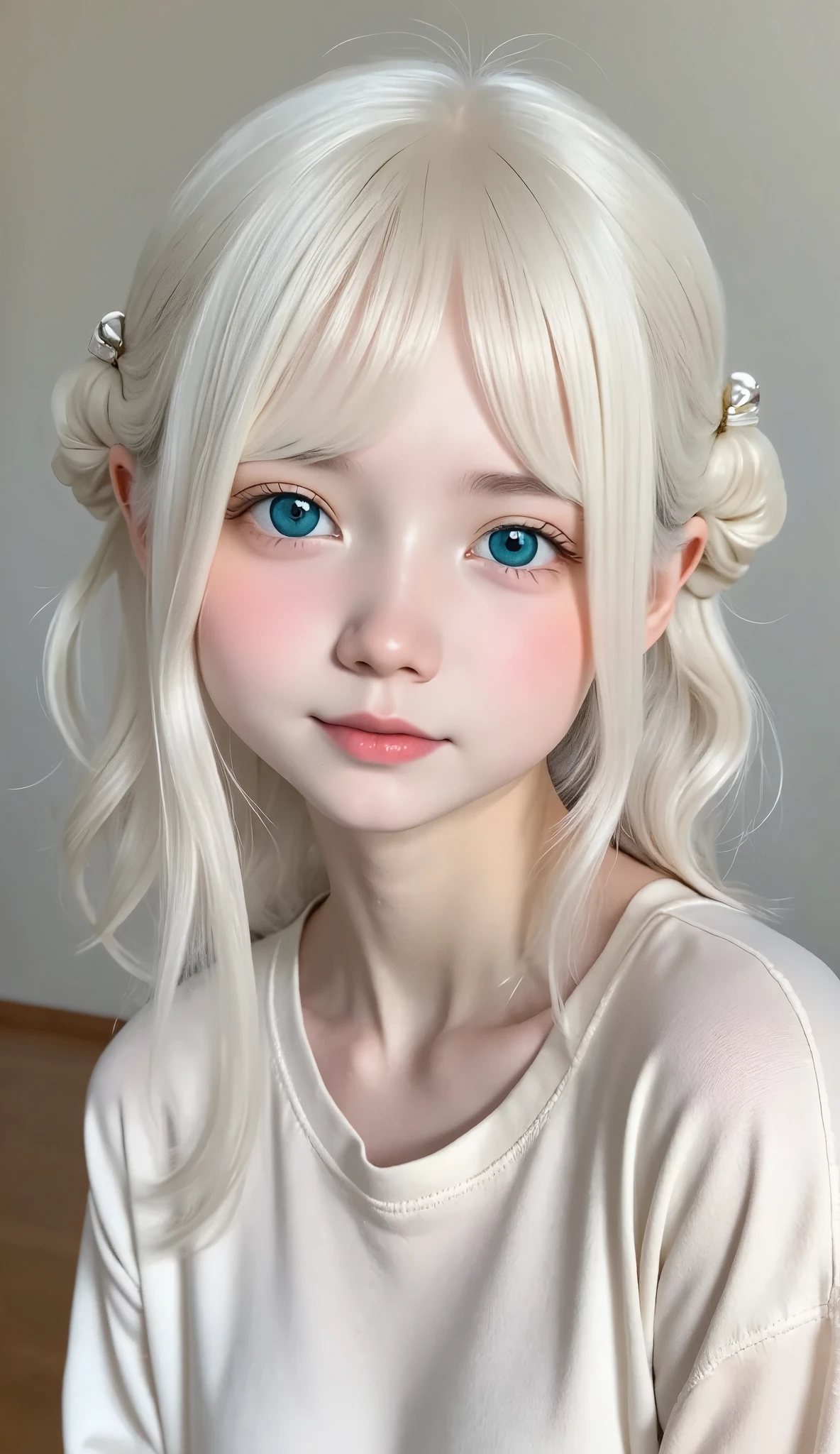  best quality、masterpiece、RAW Photos、 film grain 、８ｋ、 super high definition、 very cute***、Albino Girl、 very cute、(((Dreadlocks、Pure white hair:1.2、Laugh a little:0.1)))、Silk pajamas、 blanking, Nose is bright red, Redness on distorted cheeks,