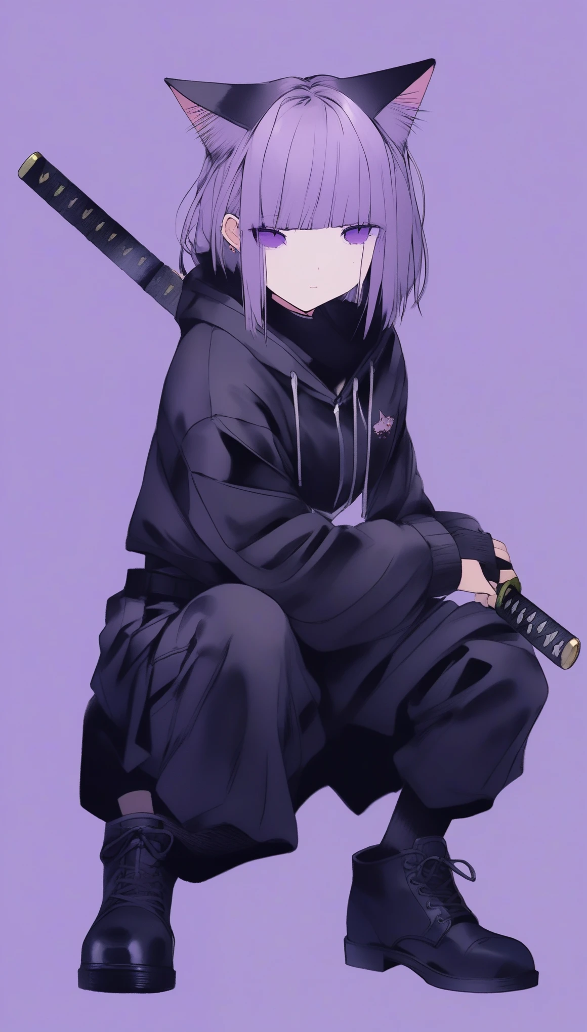 purple silver middle hair, cat ears, purple eye, White Shirts, put on a off shoulder black open hoodie, black slit skirt, leather belt, katana, cyber punk