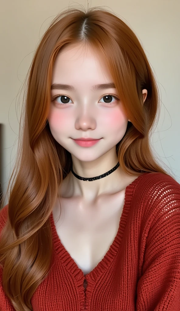 (((Solo Girl))) ( 1 girl) , Full Body Shot,  shot from below , RAW Photos, (**** skinny redhead girl:1.2), ((baby face)) ((intense red hair)) (( very long hair)),  blanking, Graphic Eyeliner, Rouge, (lipstick:0.6), ( choker:0.9),  realistic skin texture ,  Oversized Knitted Sweater , (red:0.8), Softcore,  Warm Lighting ,  Cozy Atmosphere , Instagram Style, nsfw , Naive, shy, short, thin, fit, beautiful, cute, Pale skin, ((A little smile)) (( blanking smile))