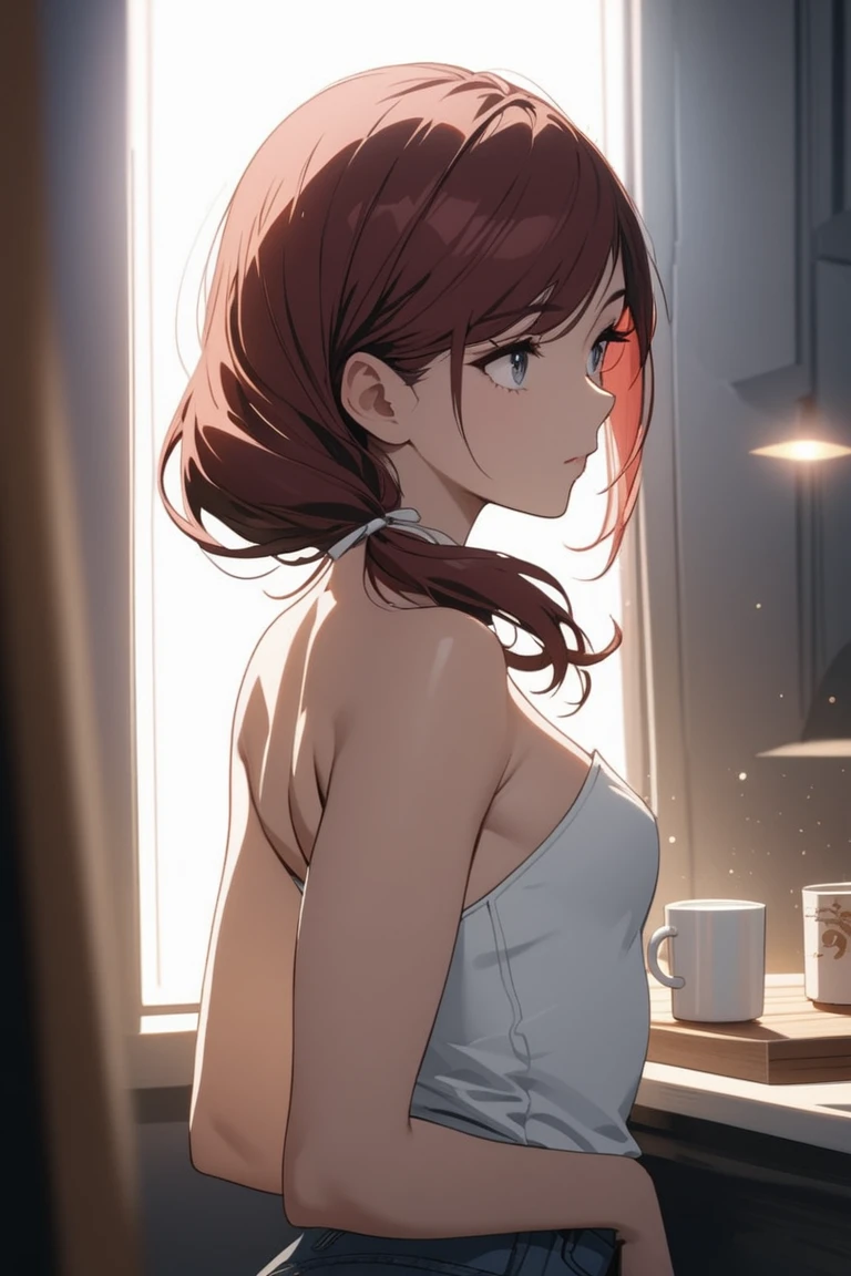 best quality, masterpiece, stoic,young woman, holding own arm, head tilt, looking to the side out window, sunrays, upper body, close up, Gray eyes, dark red hair, swept bangs, low twin tails, white ribbons, gray strapless shirt with white trim, black jeans, small breasts, toned arms, opening cabinets, wooden walls, potted plants, cat, window, dusk,