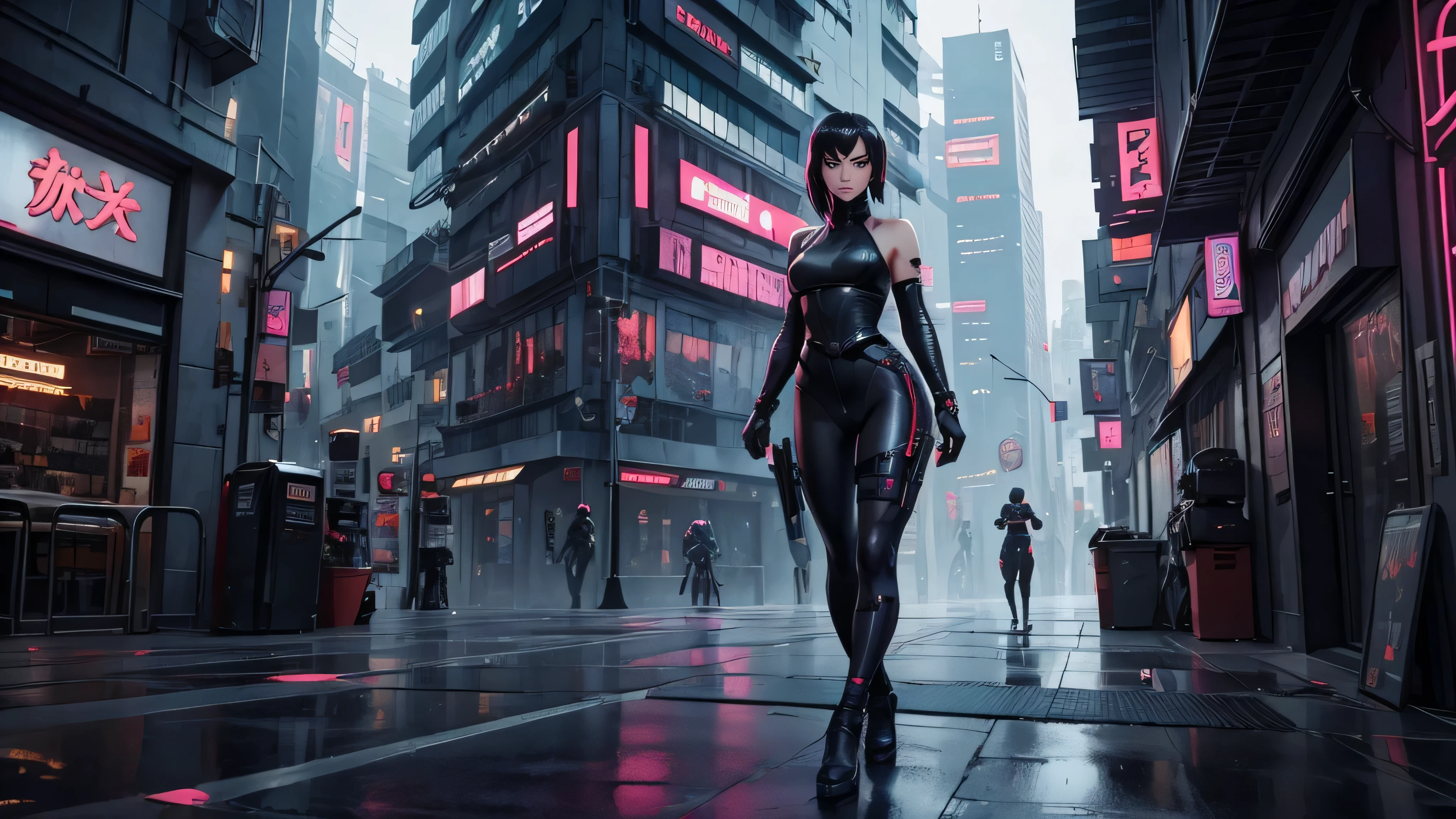 magnifique, une fille, regard magnifique, sexy, ninja, tenue ninja moulante, full body, en haut d'un immeuble, debout au bord du vide, dans une ville cyberpunk, esthétique, Pinterest,