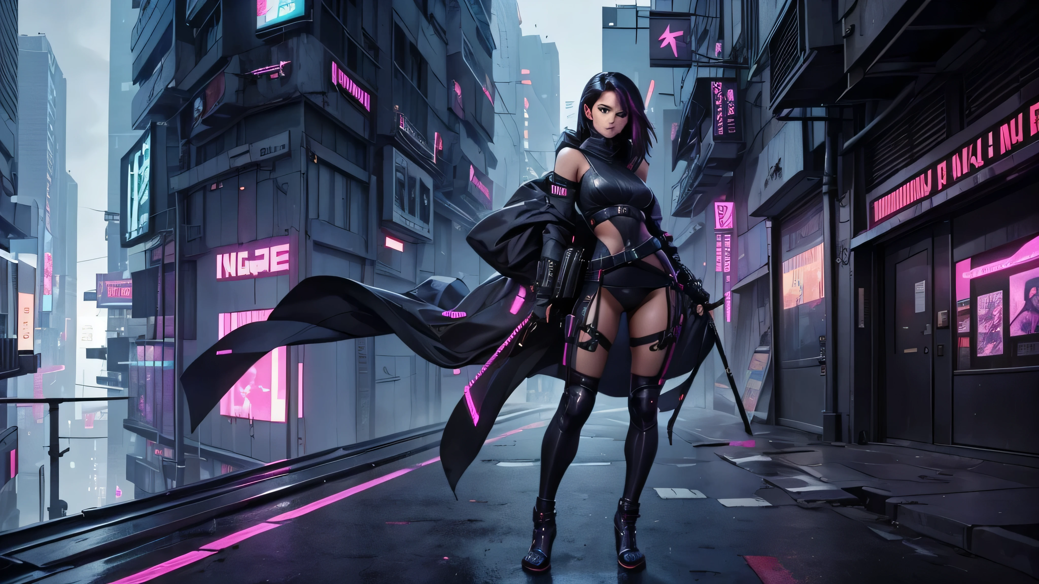 magnifique, une fille, regard magnifique, sexy, ninja, tenue ninja moulante, full body, en haut d'un immeuble, debout au bord du vide, dans une ville cyberpunk, esthétique, Pinterest, 