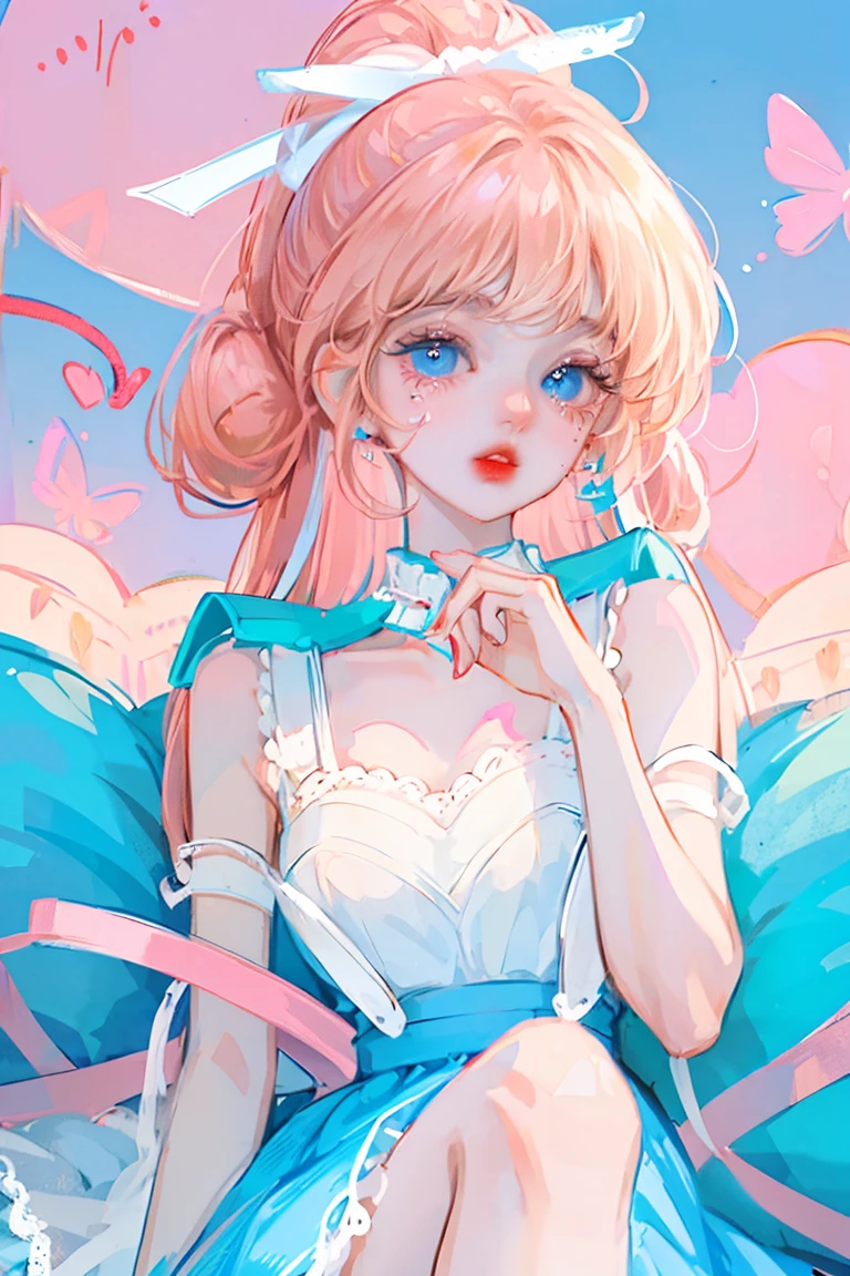 a cute character with sweet pastel tones and an abundance of cuteness. The girl has fair pink skin, large round bright blue eyes that sparkle with long eyelashes, rosy cheeks, and soft pink lips. Her hair is light blonde, styled in fluffy waves with two large buns on either side, adorned with a big blue bow. The girl's outfit resembles a Japanese sailor uniform, with a white top trimmed in blue and a large bright red bow at the chest. The short navy skirt is edged with white lace, adding femininity and grace. The girl is lying on a bright background with soft plush pillows, surrounded by small white teddy bears with adorable expressions, wearing blue and pink bows. The girl holds a slice of strawberry cake in her hand, and around her are many fresh strawberries, along with sweets like candies and pastries, enhancing the cheerful and sweet atmosphere. Overall, the image evokes a feeling of stepping into a colorful, joyful, and like fairy tale world.