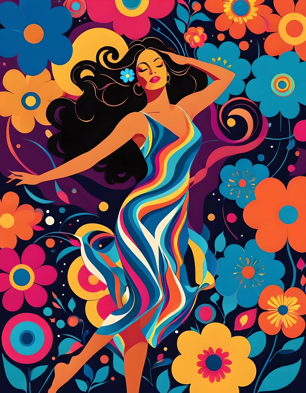 Feminine Art, 70s Disco Art, Groovy Art, Trippy Poster, Hallucinatory, hypnotic patterns, Abstract, euphoric, fluid shapes, Jewelry, Flowers. Flat illustration. Negative space in the form of a dancing woman's body. 70's Funk Art Print by Julia Barber, Vector Art.