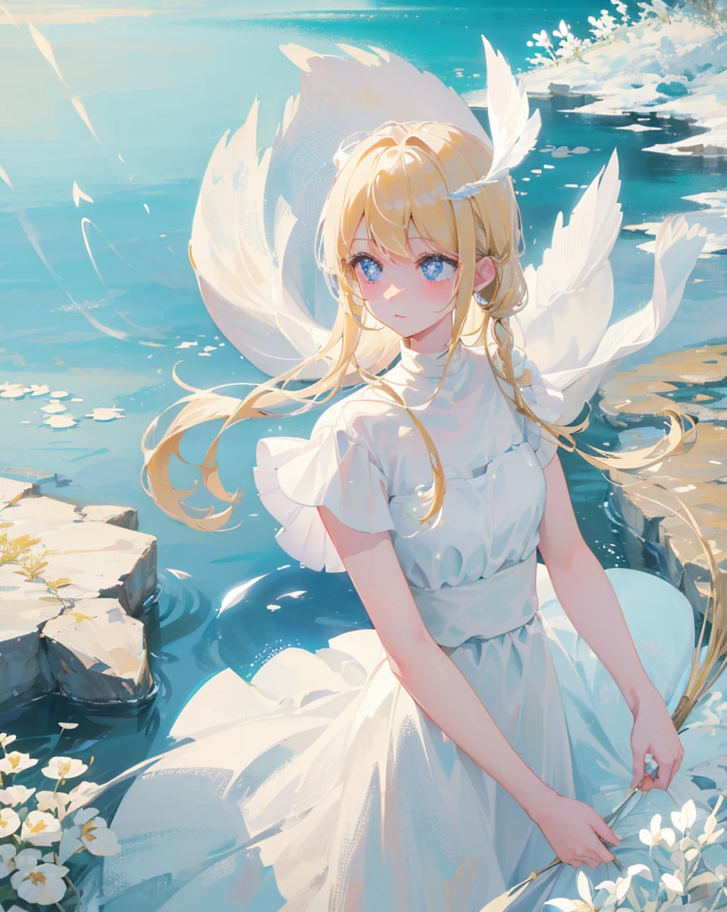 Thin blonde hair、white dress、Blue Pupils、white feather、(water droplets、petal、lake、Grains of light)、fantasy、beautiful scenery、Delicate scenery