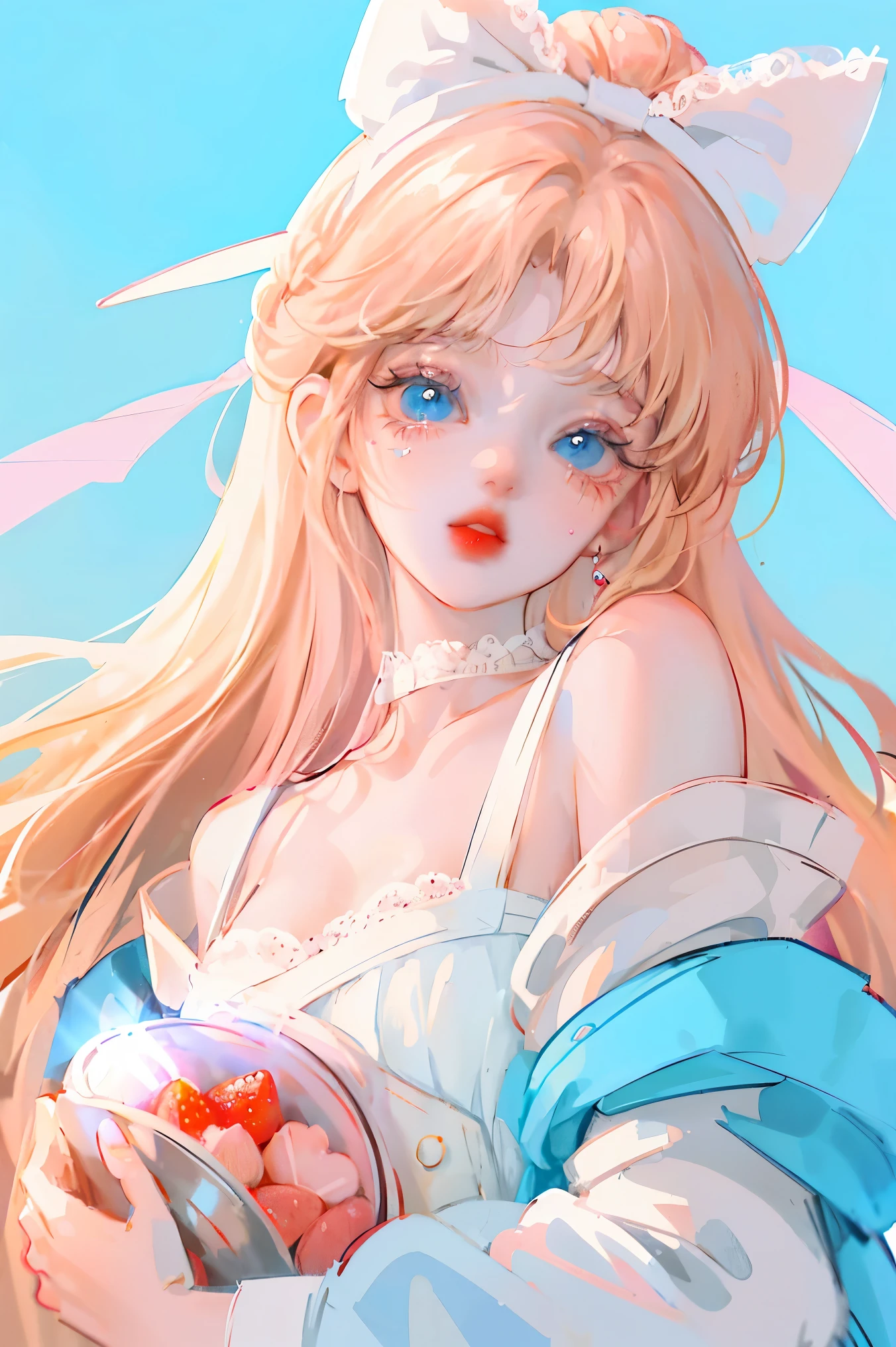 a cute character with sweet pastel tones and an abundance of cuteness. The girl has fair pink skin, large round bright blue eyes that sparkle with long eyelashes, rosy cheeks, and soft pink lips. Her hair is light blonde, styled in fluffy waves with two large buns on either side, adorned with a big blue bow. The girl's outfit resembles a Japanese sailor uniform, with a white top trimmed in blue and a large bright red bow at the chest. The short navy skirt is edged with white lace, adding femininity and grace. The girl is lying on a bright background with soft plush pillows, surrounded by small white teddy bears with adorable expressions, wearing blue and pink bows. The girl holds a slice of strawberry cake in her hand, and around her are many fresh strawberries, along with sweets like candies and pastries, enhancing the cheerful and sweet atmosphere. Overall, the image evokes a feeling of stepping into a colorful, joyful, and like fairy tale world.