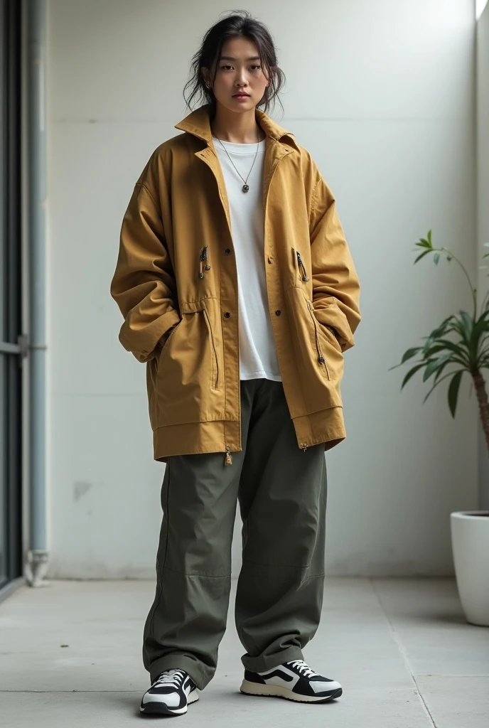 Naruto, 12 years, White shirt, navy green jacket without hood, shorts negros, standing in front holding japanese buddhist staff, niño de 12 years 