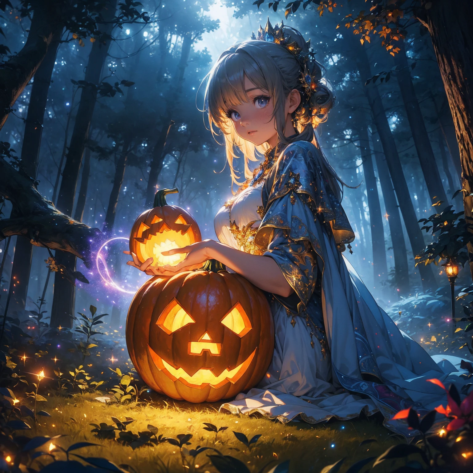 a highly detailed and fantastical pumpkin in a magical forest, with a glowing mystical circle and sparkling particles of light dancing around, ultra-realistic, 8k, photorealistic, masterpiece, vibrant colors, dramatic lighting, cinematic composition, ethereal atmosphere