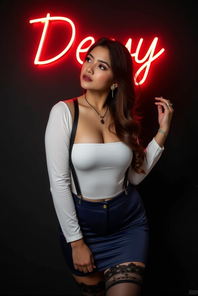 A young woman with fair skin and ultra-detailed eyes, her brown shiny hair cascading down her back. She wears a crisp white long-sleeved shirt and navy blue skirt, paired with thick-lipped confidence. The dark background accentuates her features as she strikes a pose, showcasing the intricate black lace leg wear and thigh-highs. Amidst this dramatic setting, bold red glow text declares Devy in all capital letters