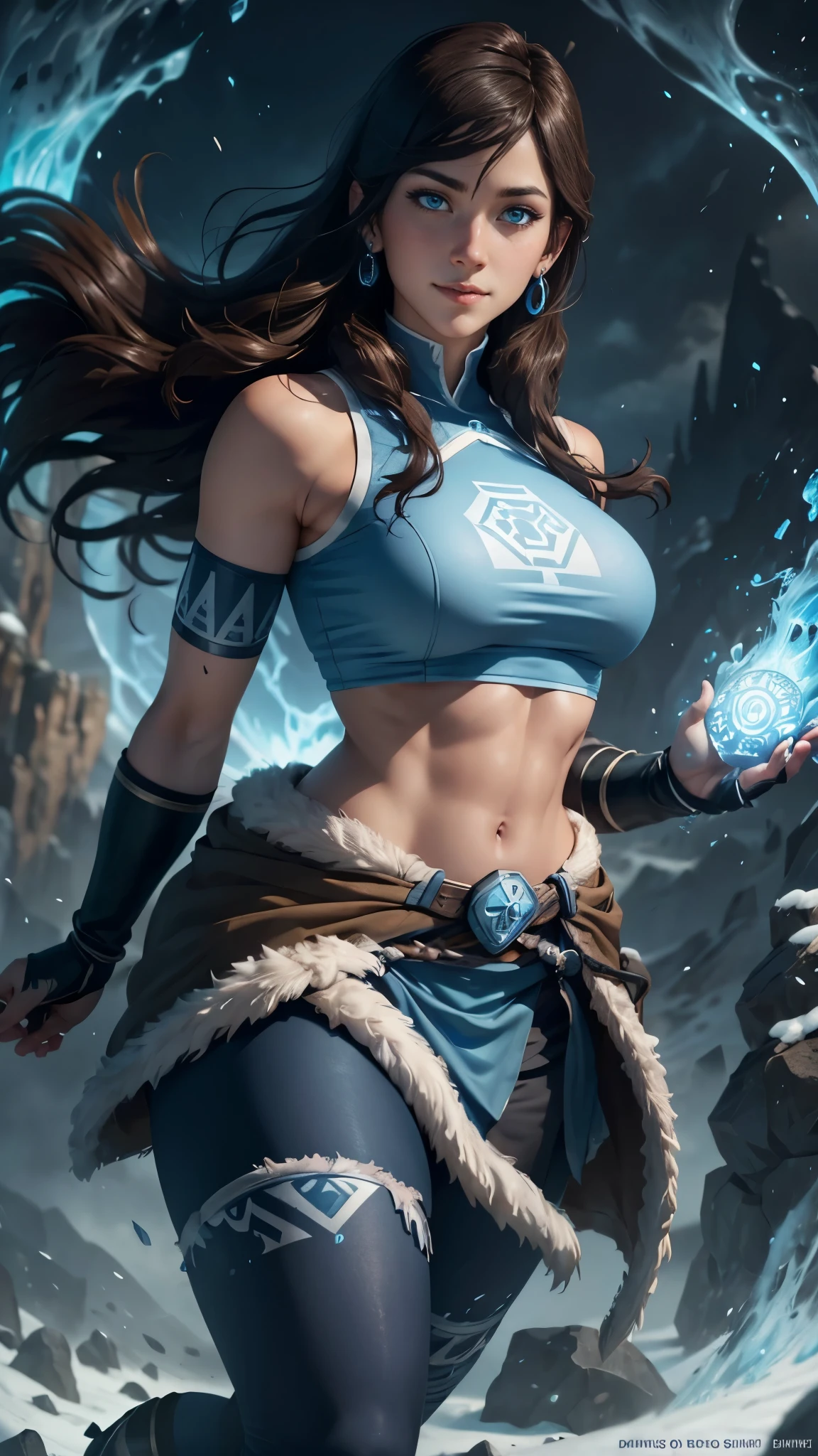 Korra da avatar,(best quality, 4K,8k,high resolution, work of art:1.2)(weather: showing), tundra background, artic village, wide hips, long curly hair, brown hair, freckles, sleeveless top, fur belt, long winter skirt, leggings, winter boots, elbow long gloves, light makeup, dark eyeliner, blush, flirting pose, earrings, glowing runes, ultra detailed, portrait, realistic, beautiful detailed blue eyes, beautiful detailed lips, extremely detailed eye and face, long eyelashes,average, large breasts, flying hair, beaming smile, sexy smile, powerful girl, bright coloured, dramatic lighting, blue spirit flames,