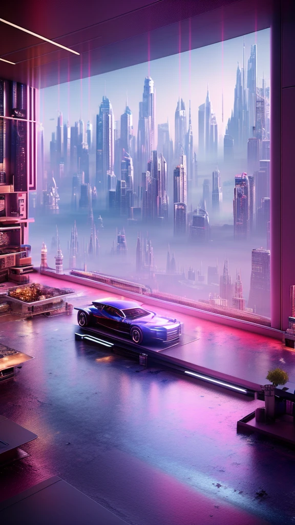 best quality,masterpiece,highly detailed,ultra-detailed,game cg,futuristic,hard surface modeling,Executive office, minimalist, Stunning gray interior with wide open windows showing a cyberpunk city,