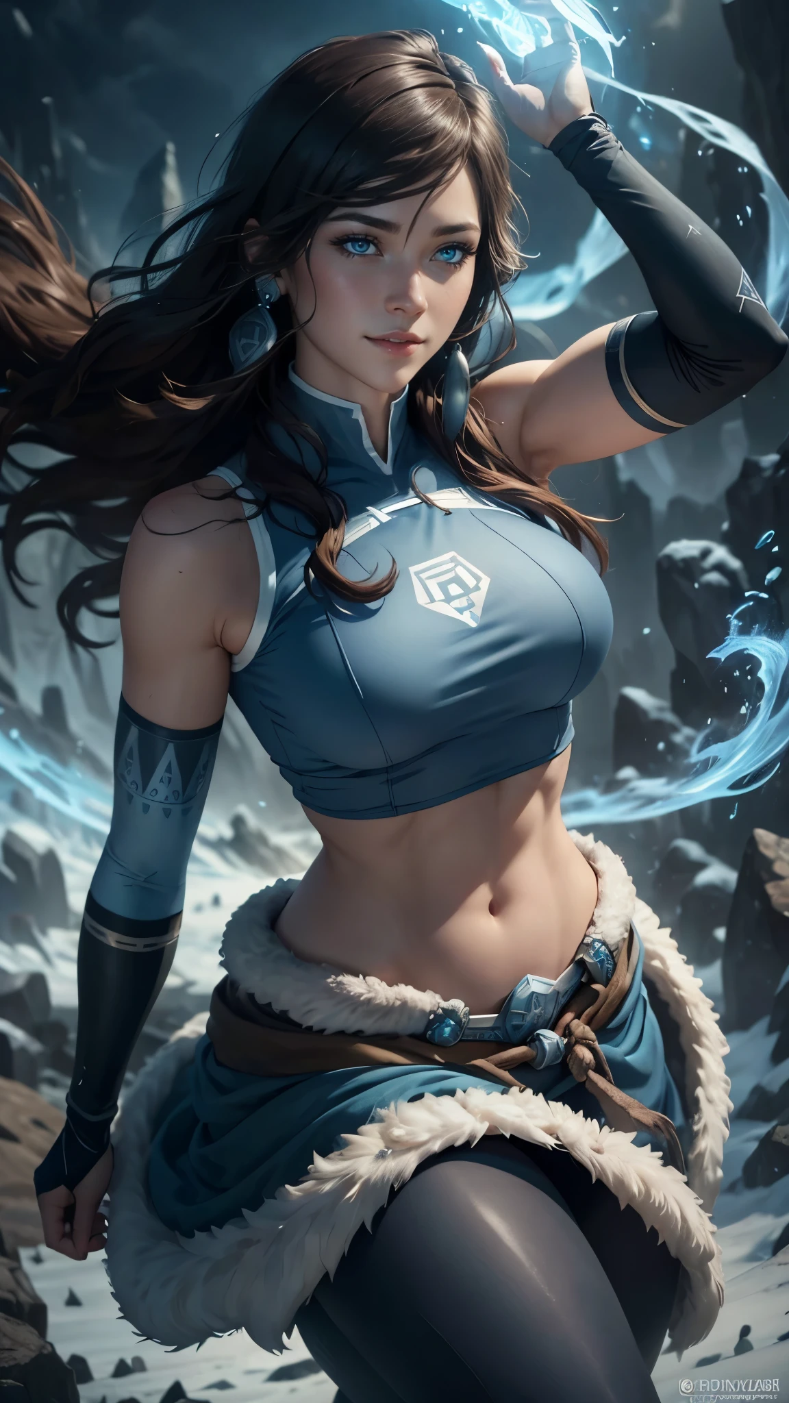 Korra da avatar,(best quality, 4K,8k,high resolution, work of art:1.2)(weather: showing), tundra background, artic village, wide hips, long curly hair, brown hair, freckles, sleeveless top, fur belt, long winter skirt, leggings, winter boots, elbow long gloves, light makeup, dark eyeliner, blush, flirting pose, earrings, glowing runes, ultra detailed, portrait, realistic, beautiful detailed blue eyes, beautiful detailed lips, extremely detailed eye and face, long eyelashes,average, large breasts, flying hair, beaming smile, sexy smile, powerful girl, bright coloured, dramatic lighting, blue spirit flames,