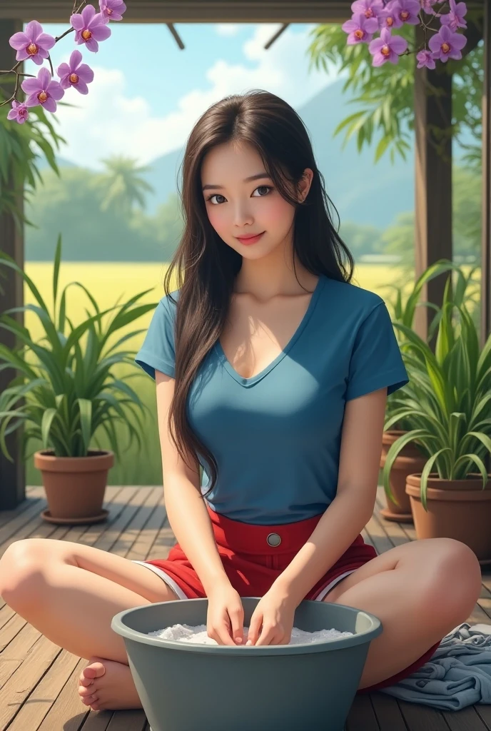 Pee、Pee、 flat color star piece, highest quality), , young teen 13 years old, big breasts , panty shot, long hair, smile, fun, smile, play, (sitting on the bench), (spread your legs), background railway, summer, bright色, bright, watercolor,Pee、Pee、Peeing