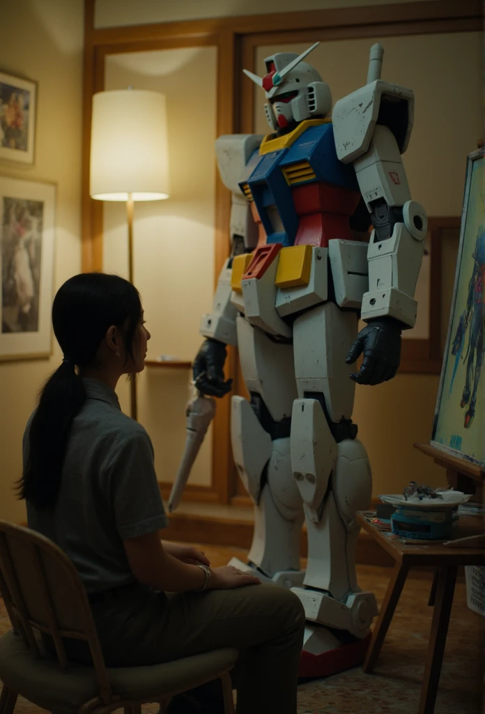 A girl and gundam sitting in cozy room, the girl painting a gundam in canvas, live-action、Realism、cinematic, Gundam&#39;s Armor、The official colours are white, red, blue and yellow、Very beautiful Japanese girl、Black Hair、Long Hair、Hime cut、Gundam Helmet、Dynamic pose, masterpiece、Best Quality