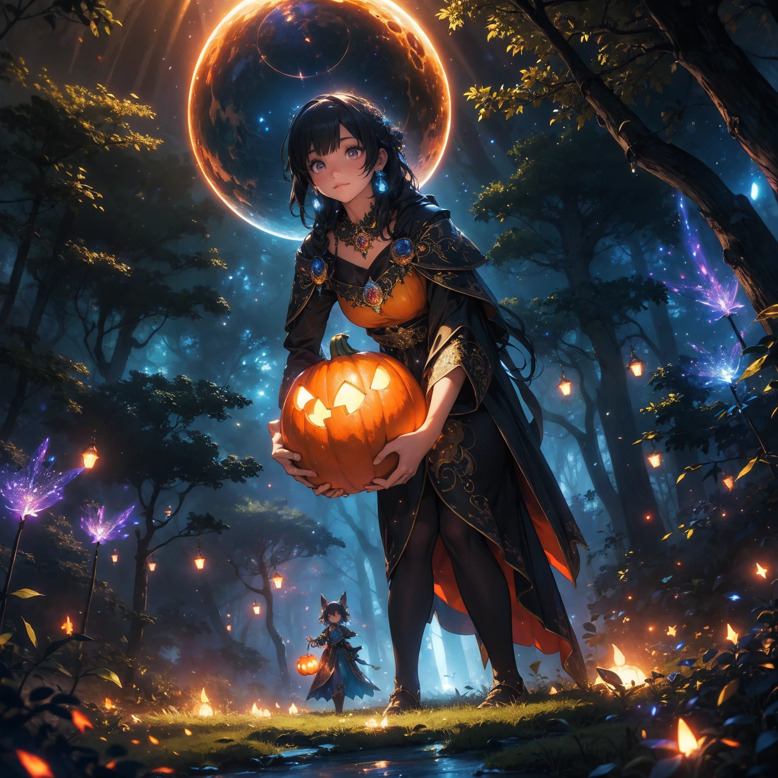 a highly detailed and fantastical pumpkin in a magical forest, with a glowing mystical circle and sparkling particles of light dancing around, ultra-realistic, 8k, photorealistic, masterpiece, vibrant colors, dramatic lighting, cinematic composition, ethereal atmosphere