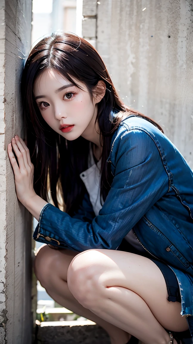 (8k, highest quality, masterpiece: 1.2), (Realistic, photoRealistic: 1.37), beautiful, Sensual and erotic woman with a curvaceous body, Hair color is black、The eye color is dark brown、Medium Hair、White button-down shirt,play、Open your chest wide、The button has been removed、jeans, Handcuffed over the head, Manacles、please stretch your arms、Hanging from the ceiling by both hands、 In the basement, ((jeans))