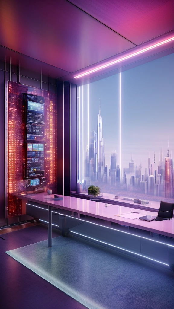 best quality,masterpiece,highly detailed,ultra-detailed,game cg,futuristic,hard surface modeling,CYBERSECURITY Executive office, MULTIPLE TERMINALS, DISPLAYS,  minimalist, Stunning gray interior with wide open windows showing a cyberpunk city,