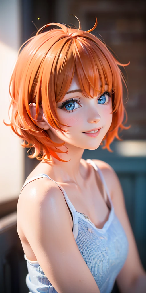 baby face, (Bright orange short hair:1.5,Messy Hair:1.5), (photoRealistic:1.8), (masterpiece, Side light,  beautiful eyes: 1.5), masterpiece*Portraiture, Realistic, 3d face,(Cute face),Front View: 1.6、 (Sparkling Blue Eyes:1.2), plump face:1.5,(We say:1.5)、(Charming smile:1.2),Rosy Mouth,Because I&#39;, abs, Shiny Hair,  bronze tan skin, ( bat tattoo on shoulder :1.4),  Glowing Skin : 1.5、  medium chest,Clevis、Alone,(stand)、(bright navy blue swimsuit )、( character focus:1.5、Portraiture:1.5、 upper body),( Halloween background:1.4),One Piece Tan,