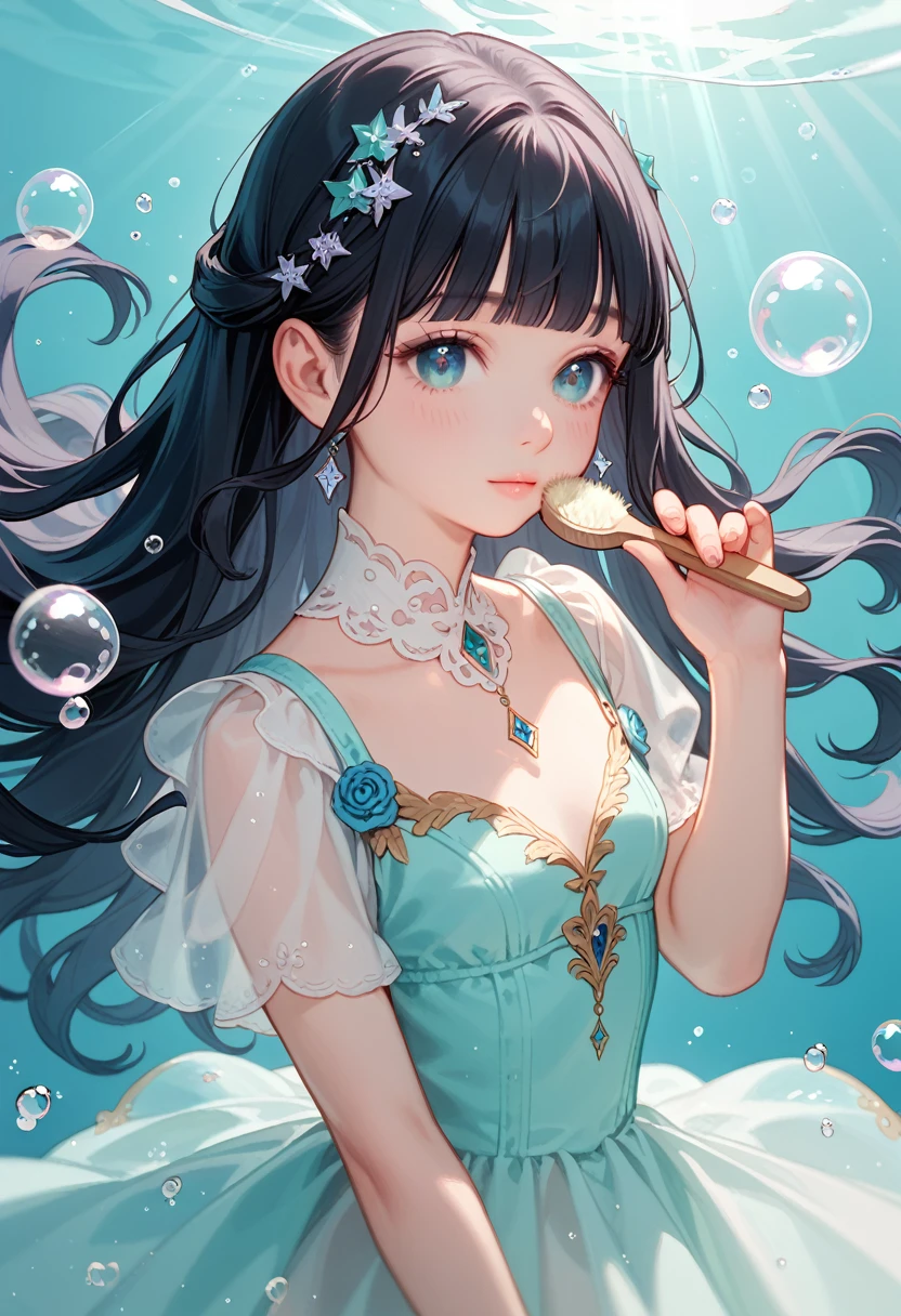 , cute face, ((long hair))),blunt bangs ,.(true beautiful:1.2),( Exactly correct anatomy for perfect fingers ) Thick and transparent flowing water with more detailed foam splashes(Highly dynamic)Transparent bubbles. Tiny transparent bubbles condense with the flow of water. The dress is made up of a charming and beautiful anime girl with flowing Jet Black　hair. Transparent bubbles are surrounded by swirling bubbles. The girl is surrounded by tiny bubbles of water vapor. The flowing girl has a delicate facial expression and clear eyes. Sunny eyes are gentle and gazing. The background of the lens is dark blue with magical smoke flying. Wide-angle macro lens photography is ethereal and calm. Everything is nothingness. The atmosphere is high-quality and very detailed., Dynamic angles and elegant atmosphere, Intricate details, ethereal and dreamy, airbrush digital oil painting works by masters
