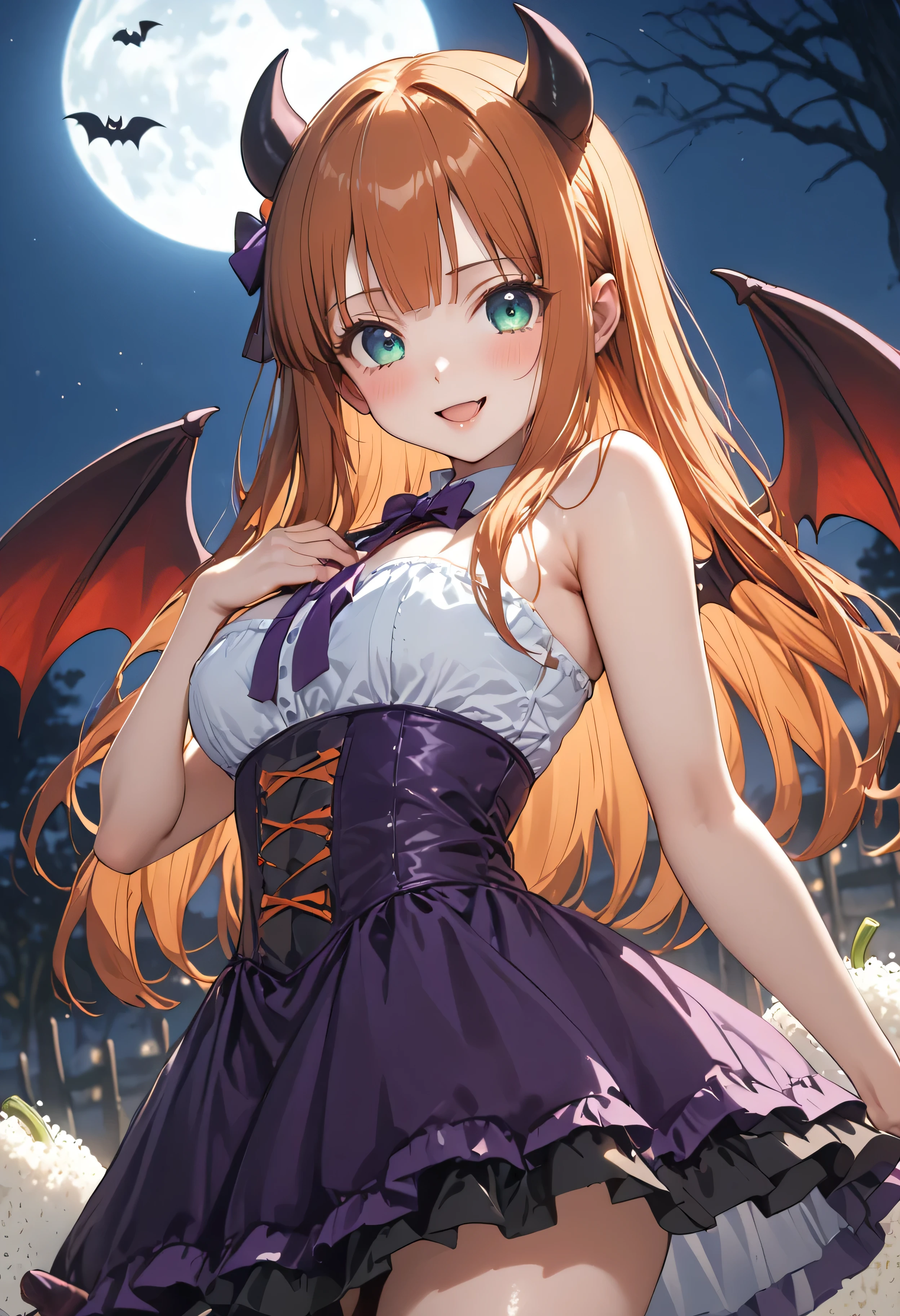 1girl,solo,silence suzuka \(umamusume\),  orange hair, green eyes, blunt bangs, long hair, brown hair, solo, horse tail, aqua eyes, animal ears, blue eyes, very long hair, horse girl, horse ears, hime cut,(((((rice shower (make up vampire!) (umamusume)(cos play),((devil wings))))))),(((from side)),((from below)),((Dutch angle)),(((halloween night))),smile,put her hand chest,outdoor,turf,night,moon,shiny skin, shiny,ai-generated,beautiful eyes,masterpiece,best quality,highres,4k,8k,art by Sincos,Cute,Anime,Artist by sincos