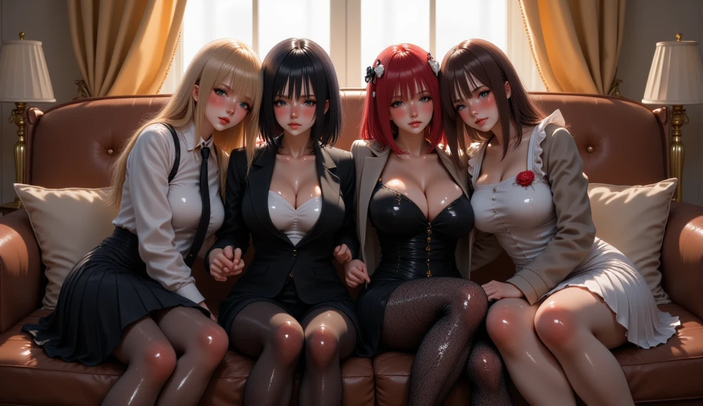 Three young girls with blonde hair and white shirts featuring deep V necklines occupy an empty classroom. The atmosphere is charged with BDSM undertones, as they assume the roles of slaves with plump figures. Their outfits consist of black lingerie and black pantyhose, with a big emphasis on the curves of their bodies and generous behinds. Their exposed breasts peer out from their lingerie, while they sit at a table and casually cross their legs, clad in high heels. Their detailed eyes express a mix of desire and mischief, adding to the absurdity and perfection of the scene. The girls share a playful kiss, their bodies leaning into eachother in a sensual