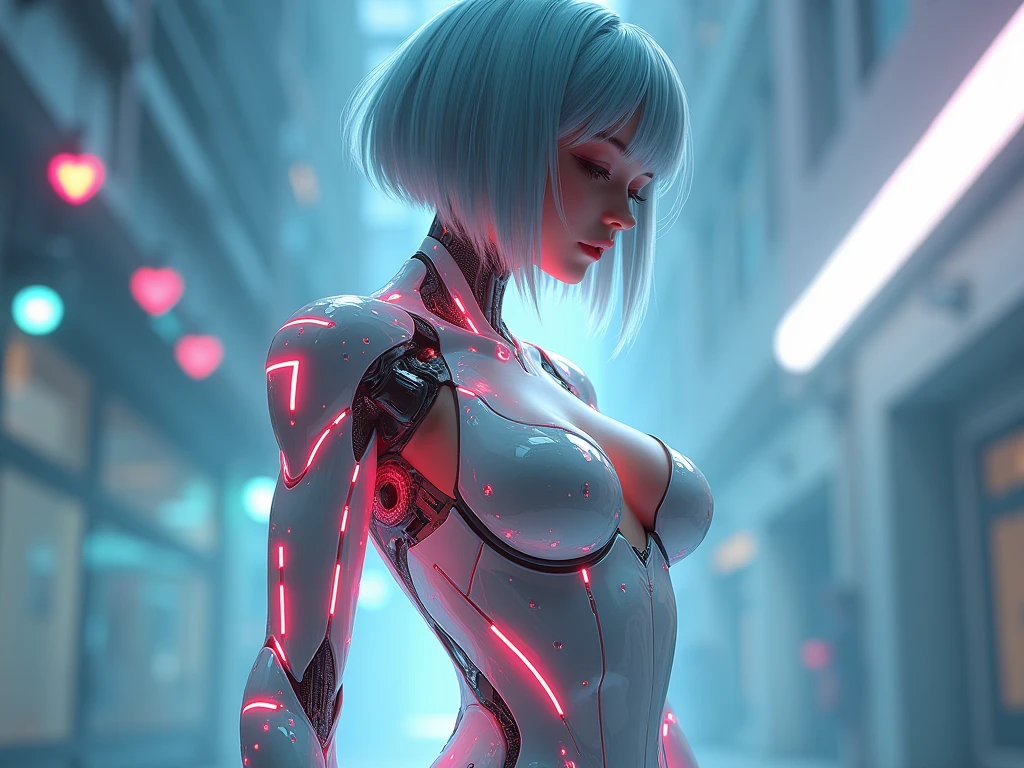 (( )), (( masterpiece )), (Detail:1.4), (((tall woman))), ((( Translucent with mechanical parts and transparent skin++Aurora Material++、++Grey carbon material++ Beautiful woman in cybernetic suit made of ))),  Pale and shiny with LED , ((Open chest wide)),  Skin of the hips and thighs ., heart (high dynamic range),  ray tracing, NVIDIA RTX, super resolution,  Textured PBR with subsurface dispersion , post-processing, Anisotropy Filtering, Depth of field, Surface shading, Accurate simulation of light/Material interactions,  perfect proportions  , Two-tone lighting, wide opening, Low ISO, white balance, 8K, (((cameltoe))),  Not suitable for work , 25 year old woman,  Cyber helmet with dimmed LED lights , high knee, bulto, swollen nipple, (( Cybernetic hood with bright LED lights off )), open stance, COWBOY SHOT,  Skin of the hips and thighs ., beautiful body,  Navel visible on bare skin , Chest to feel gravity, (huge breasts: 1.3), (Gargantuan butt: 1.0), It features a simple ,  Minimalist luminous space , Natural sexy poses, Looking down, dull bangs, ((( Beautiful iridescent bob hair ))), ((( Aurora inner hair ))),(( Hatsune Miku )), (intense blush), (( luminous design)), cabello azul, Blue eyes, seductive, (lewd), (ecchi),  Multicolored Hair , Under the breast, (cyberpunk), (punk), neon skirt ,  neon sports bra, athletic, choker, delirium, wristband, sexy, submissive, (( natural lighting )), (Radiosity, ambient occlusion,  anisotropic filtered ), portrait, big juicy ass, from behind, 