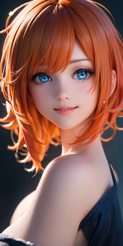 baby face, (Bright orange short hair:1.5,Messy Hair:1.5), (photoRealistic:1.8), (masterpiece, Side light,  beautiful eyes: 1.5), masterpiece*Portraiture, Realistic, 3d face,(Cute face),Front View: 1.6、 (Sparkling Blue Eyes:1.2), plump face:1.5,(We say:1.5)、(Charming smile:1.2),Rosy Mouth,Because I&#39;, abs, Shiny Hair,  bronze tan skin, ( bat tattoo on shoulder :1.4),  Glowing Skin : 1.5、  medium chest,Clevis、Alone,(stand)、(bright navy blue swimsuit )、( character focus:1.5、Portraiture:1.5、 upper body),( Halloween background:1.4),One Piece Tan,