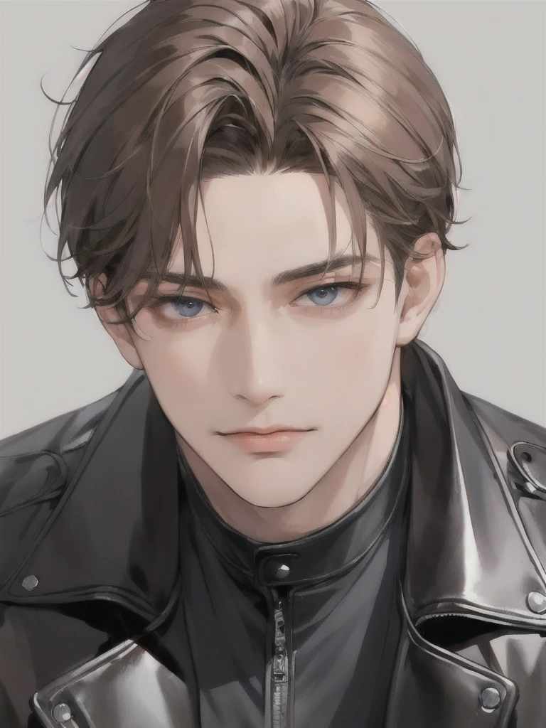 
(ภาพ High Detail )Alone .A man.Age 30.have brown  hair.very handsome face.Put on a leather jacket.Black eyes.The beautiful eyes.(perfect eyes).  High Detail .Clear image. Masterpiece.Calm. Mature. Very handsome.