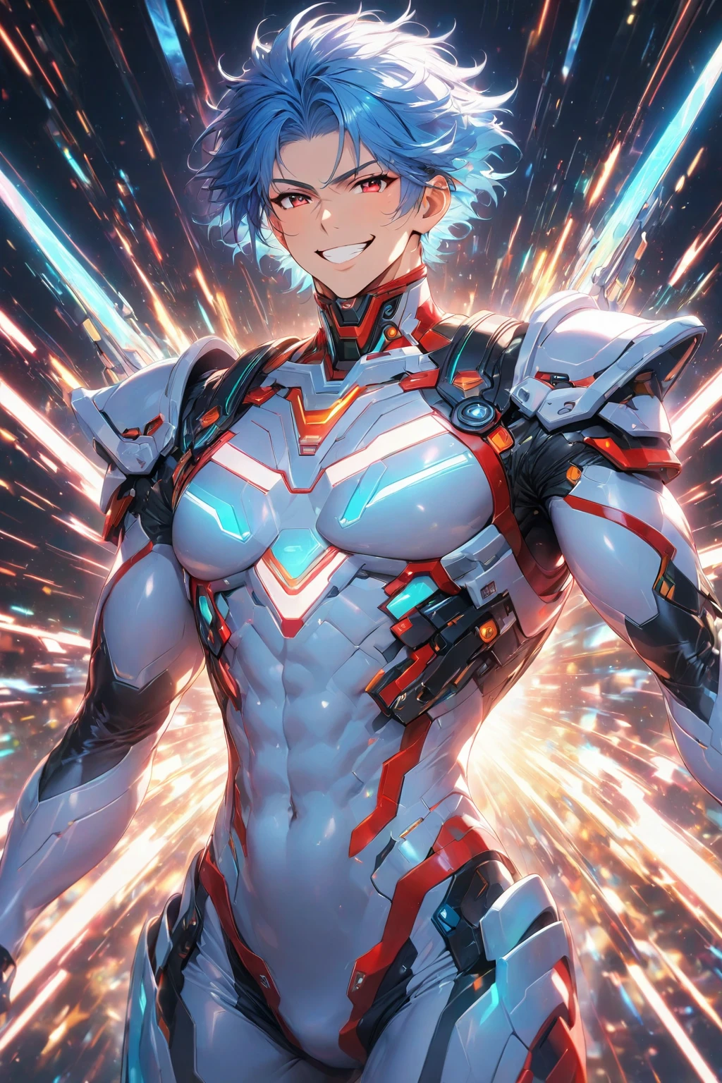 Cyber boy of Dynamic and friendly and charismatic female character in futuristic primary vivid red and white and red and white cyber suit with glowing green and primary red LED lines like a complexed circuit board, with face gear of  ear armor and chin armor, with belly muscle and pectorals without broadest muscle of back, Short spiky primary blue hair with bang, and sharp red eyes. He is tall, Muscular, Wield the energy blade, The character is smiling warmly and in a relaxed posture, exuding a welcoming and approachable aura. Detiled face, Background is night sky, front view, cowboy shot, knees, very very meager crotch bulge, wrinkled fabric, wrinkled crotch, The best composition, Intricate details, Very detailed, Disorganized, Anatomically correct, front view, 8k, super detiled, high resolution.