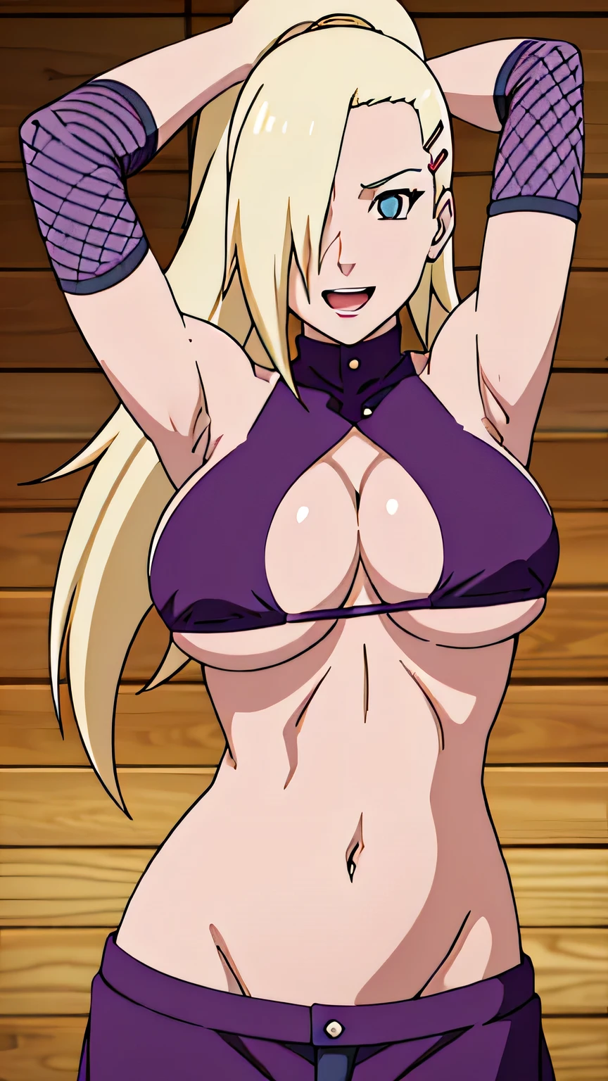 ((((wearing purple bikini))))),(((((Large breast))))) Ino yamanaka, looking at the viewer, gorgeous, attractive, groin, cowboy shot, ultra detailed face, sunny day, day time, upper body view, anime style, solo, detailed floweeld, blonde, (focus on face), ((one eye covered with hair, hair over eye)), large breasts, belly button, looking at the viewer, sexy arms, (off-shoulders, small shoulders, curving body), hidden eye, smile, open mouth, very happy, tall, hair clip, sharp look, sharp face, sharp eye, cold colors,