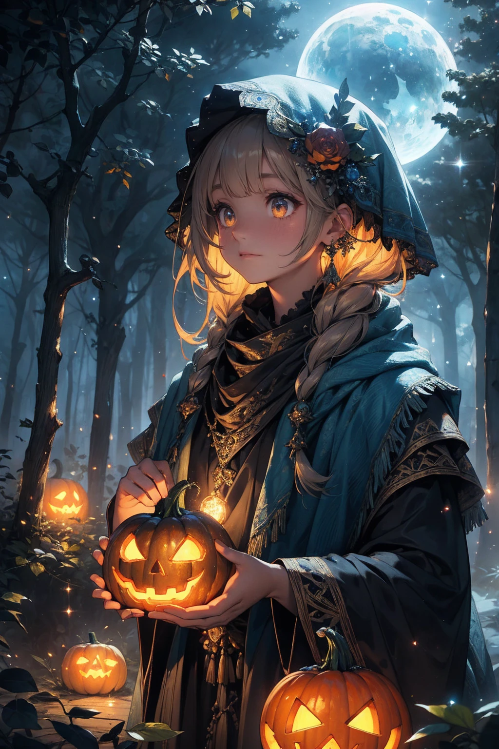 a highly detailed, 8k, photorealistic, intricate, surreal pumpkin with a ghost made of cloth, a skeleton, a glowing magic circle, sparkling light particles, a fantastical magical forest, whimsical atmosphere