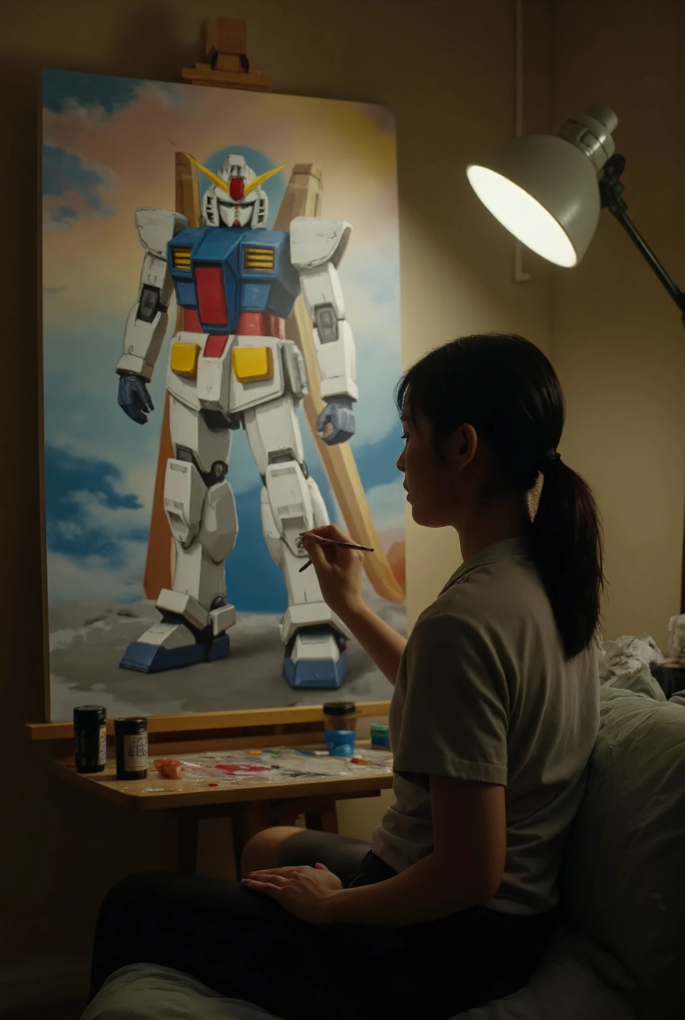 A girl and gundam sitting in cozy room, the girl painting a gundam in canvas, live-action、Realism、cinematic, Gundam&#39;s Armor、The official colours are white, red, blue and yellow、Very beautiful Japanese girl、Black Hair、Long Hair、Hime cut、Gundam Helmet、Dynamic pose, masterpiece、Best Quality