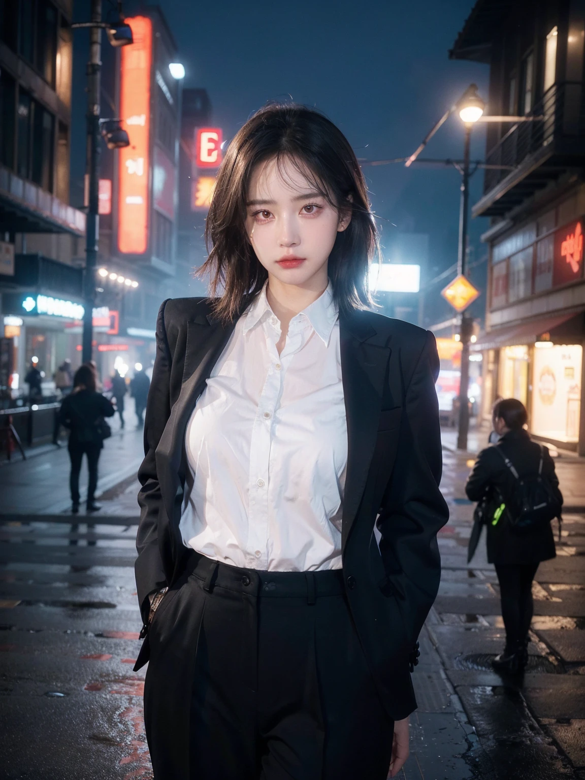 16K, HDR, RTX, raytracing, natural lighting, absurdres, best qaulity masterpiece, perfect anatomy highly detailed face, detailed eyes, 1girl, solo, wearing a business suit, shirt, top button open, beautiful hair, extreme beautiful, edgy, cool, evil aura, windy, glowing eyes, serious expressions, dystopian city, futuristic, detailed background, award winning, neon lights, trending on art station