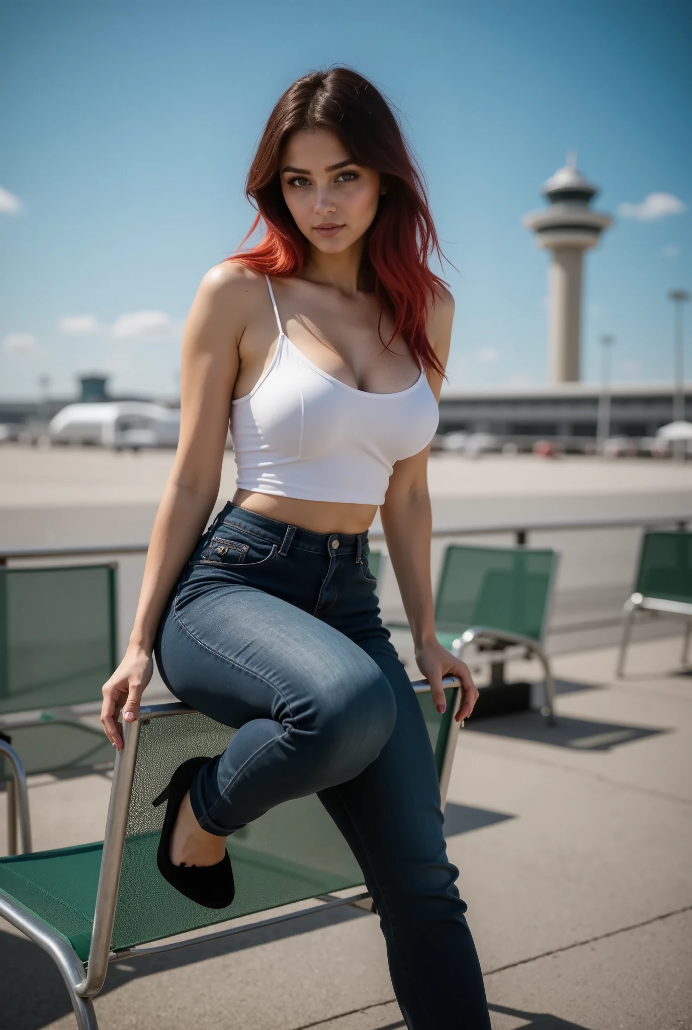 This is a high-resolution photograph featuring a young woman named maia posing outdoors on a sunny day. She has light skin, long, wavy brown hair with red highlights that cascades over her shoulders, and a slender, curvy physique. She is dressed in a tight, white tank top that accentuates her medium-sized breasts and a pair of high-waisted, dark blue jeans that fit snugly around her hips and legs. She is wearing black high-heeled shoes that add to her height and elongate her legs. 

The woman is positioned on a modern, minimalist chair with a metal frame and a green mesh seat. She leans forward, resting her hands on the chair's armrests, and her body is slightly arched, emphasizing her hourglass figure. The background shows a clear blue sky with a few wisps of clouds and a large, modern airport terminal with a tall, cylindrical tower in the distance. The ground is paved with gray asphalt, and there are faint outlines of other chairs and objects in the background, suggesting an airport or similar public space. The overall atmosphere of the image is bright and airy, with a sense of modernity and casual elegance.