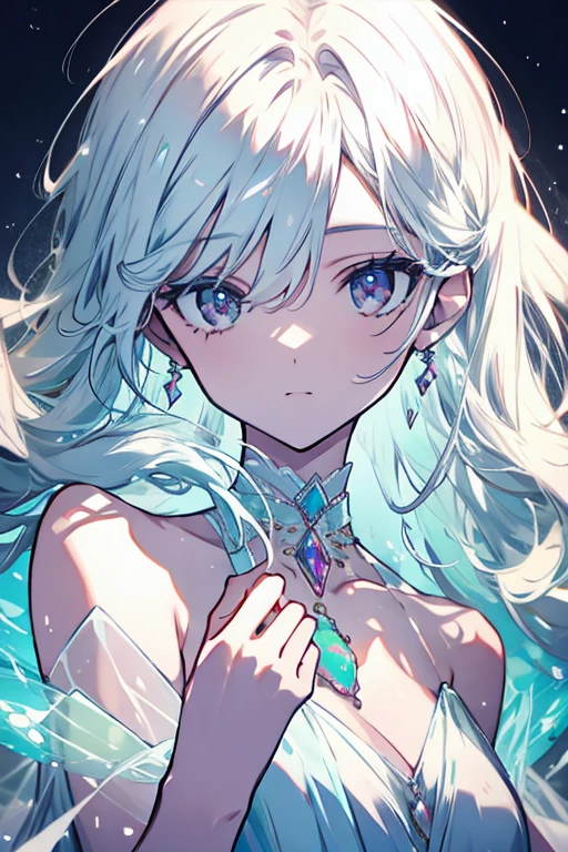 (melhor qualidade, obra-prima, ultra-detalhado), 1garota, ((Noelle Silva - Black Clover)), rainha do mar, galaxy, cubos flutuantes, particulate rain, plano de busto, fundo super detalhado, fundo do mar, stream of water, Aquatic explosion, olhando para o espectador, cabelo prateado longo, close de rosto, efeitos de luz, efeito de desfoque.