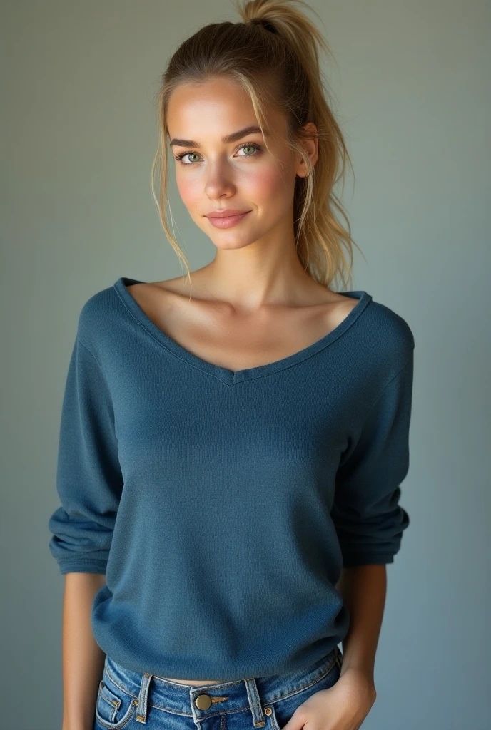 [professional::0.3][intricate:0.3:0.7][digital:0.7]-photography, photograph with a (simple plain solid color background:1.2) of 25-year-old-h3lm1r3-woman, blue-eyes, wearing a crew-neck sweater , picture-perfect