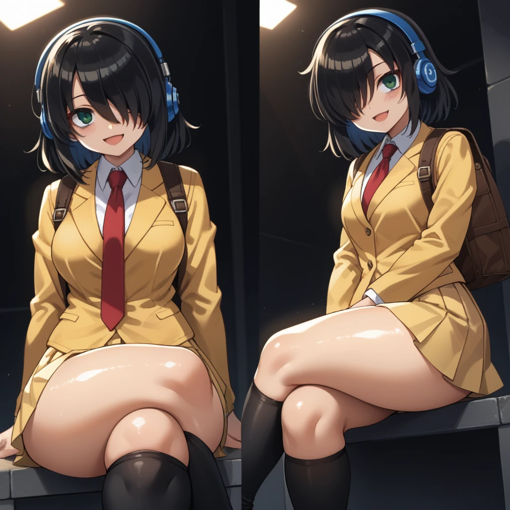 score_9, score_8_up, score_7_up,, solo, source_anime, tomokoxl, bags under eyes, hair over one eye black hair, medium hair, school uniform, red necktie, yellow skirt, short skirt, pleated skirt, yellow jacket, sitting, crossed legs, thick thighs, shiny skin, focus in crossed legs, underwear, white underwear, shiny underwear, lace underwear, white lace underwear, shiny lace underwear, panties, white panties, shiny panties, only crossed legs pose, sexy crossed legs, perfect crossed legs, sexy legs, big thighs, oiled thighs, oiled legs, smile, open mouth, glowing green eyes, evening time, dark room, breast, big breast, sheer knee highs, black knee highs, black sheer knee highs, backpack, leather backpack, brown backpack, focus in crossed legs, focus in legs, blushing, no shoes, cute feet, cute legs, panchira, huge legs, huge thighs, headphones, blue headphones, Beats Studio headphones, blue Beats Studio headphones, Dutch Angle, crossed legs, Multiple Views,