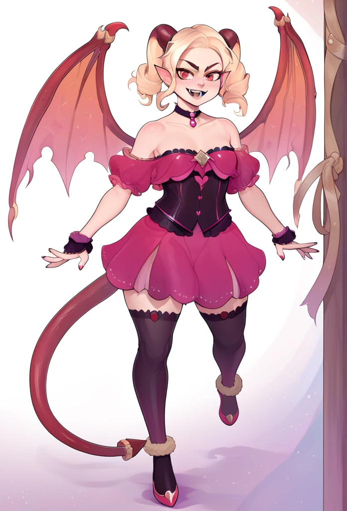 1girl, Solo, High Resolution, Masterpiece, Anatomically Correct, Best Quality, Super Detailed, UHD, HD, Blonde Hair, Sidelocks, Asymmetrical Hair, Long Pointy Ears, petite frame, tall female, succubus, monster girl, fangs, demon horns, small succubus wings, devil tail, (meticulously detailed hands and feet), five fingers, five toes, curvy hips, small breasts, ((Laughing, Evil Smile, Fang Out, Seductive Smile, Ear Blush, Long Eyelashes, Naughty, Hair Ornament, Hyperdetailed, Digital Art, Anime Style, 