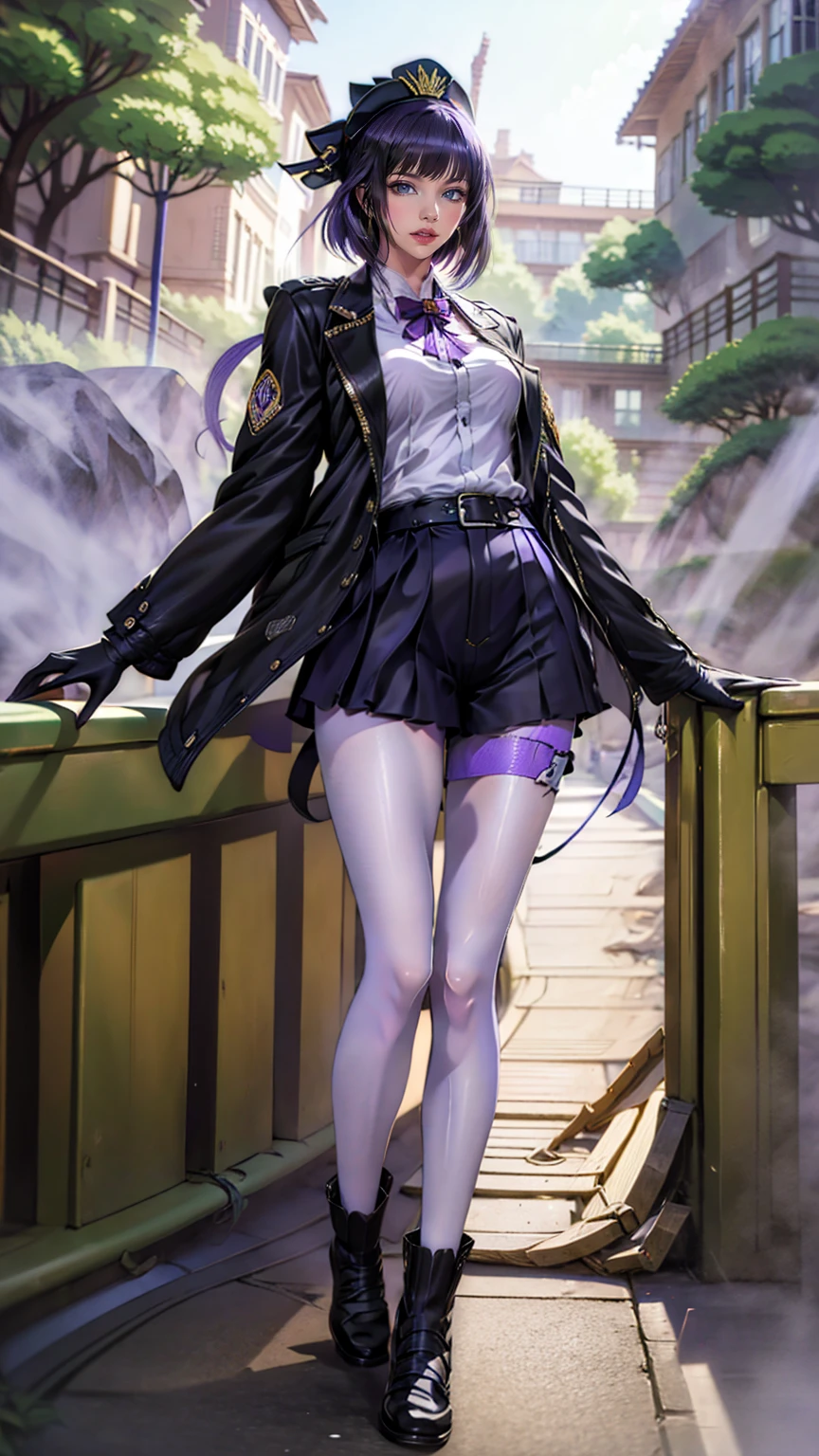 Anime Art、City Roads、  full body portrait 、 Modern Street Killer 、Ruins of the Moonlight 、Tall Woman, : about. 175cm, Around 20 years old, Wear a black jacket and shorts,   Wears Silver Earrings in Her Ears 、Black socks、 Short Medium Hairstyle 、 Eyes Are Hidden with Bangs 、 Purple Hair、 Wears a Red Hat 、Open your mouth, Intimidating smile、 purple eyes、gloves、 stockings、boots、 Wears a Black Jacket and Shorts 
